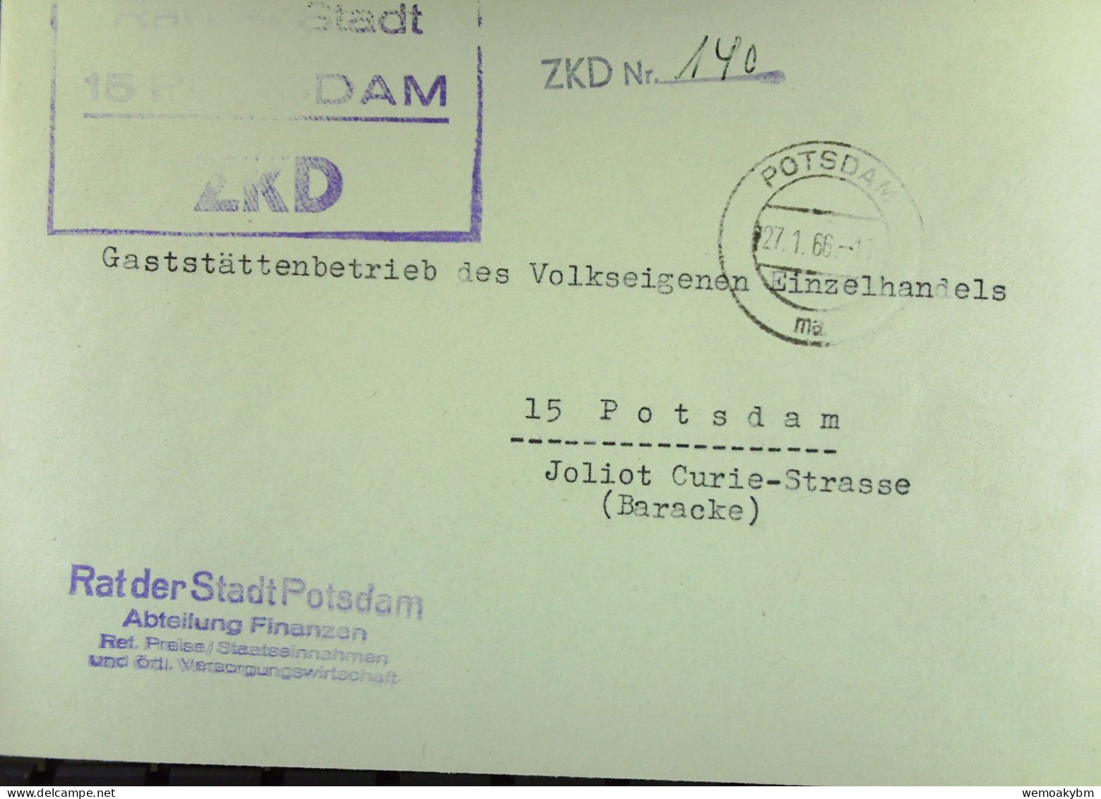 DDR-DIENST-BRIEF Mit ZKD-Kastenstempel "Rat Der Stadt 15 POTSDAM" 27.1.66 An HO Gaststättenbetrieb Potsdam -ZKD-Nr. 140 - Covers & Documents