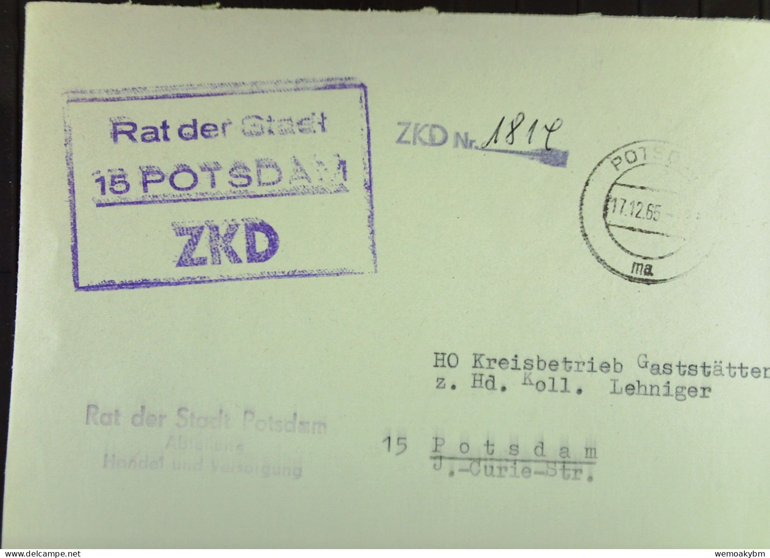 DIENST-Brief Mit ZKD-Kastenst, "Rat Der Stadt 15 POTSDAM" V17.12.65 An HO Kreisbetrieb Gaststäten Potsdam -ZKD-Nr. 1814 - Covers & Documents