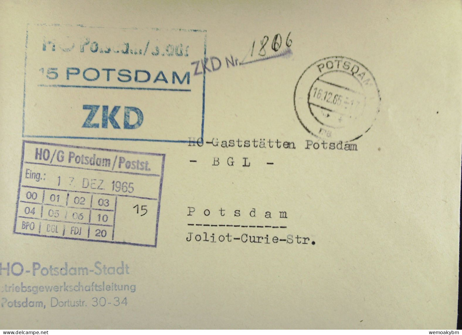 DDR-Dienst: Brief Mit ZKD-Kastenstpl. "HO Potsdam/Stadt 15 POTSDAM" Vom 16.12.65 An HO Gaststätten Potsdam -ZKD-Nr. 1806 - Briefe U. Dokumente