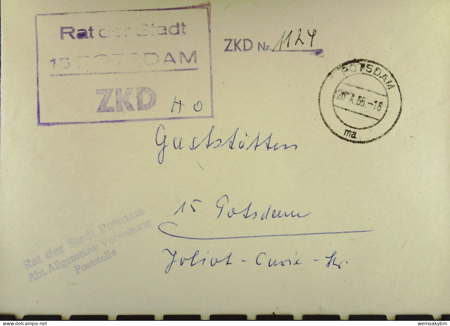DDR-Dienst-Brief Mit ZKD-Kastenst "Rat Der Stadt 15 POTSDAM" Vom 26.7.65 An HO Gaststätten Potsdam -ZKD-Nr. 1124 - Briefe U. Dokumente