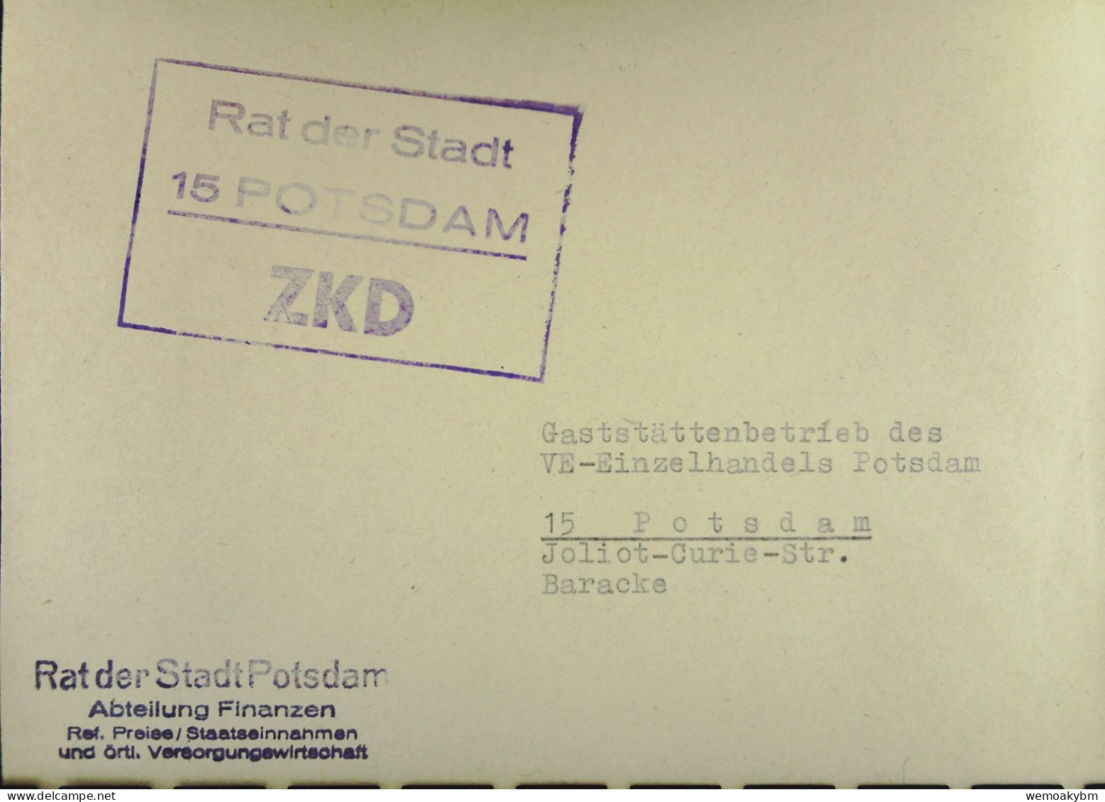 DDR-DIENST-BRIEF Mit ZKD-Kastenst "Rat Der Stadt 15 POTSDAM" Ohne Post-Stempel An HO Gaststätten Potsdam - Service Central De Courrier