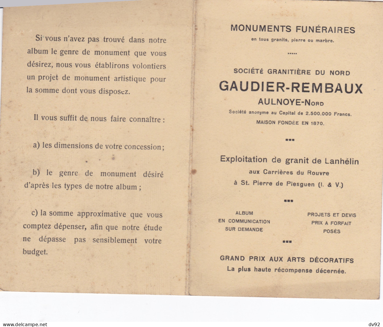 NORD ALNOYE GAUDIER REMBAUX MONUMENTS FUNERAIRES CARTE DOUBLE - Aulnoye