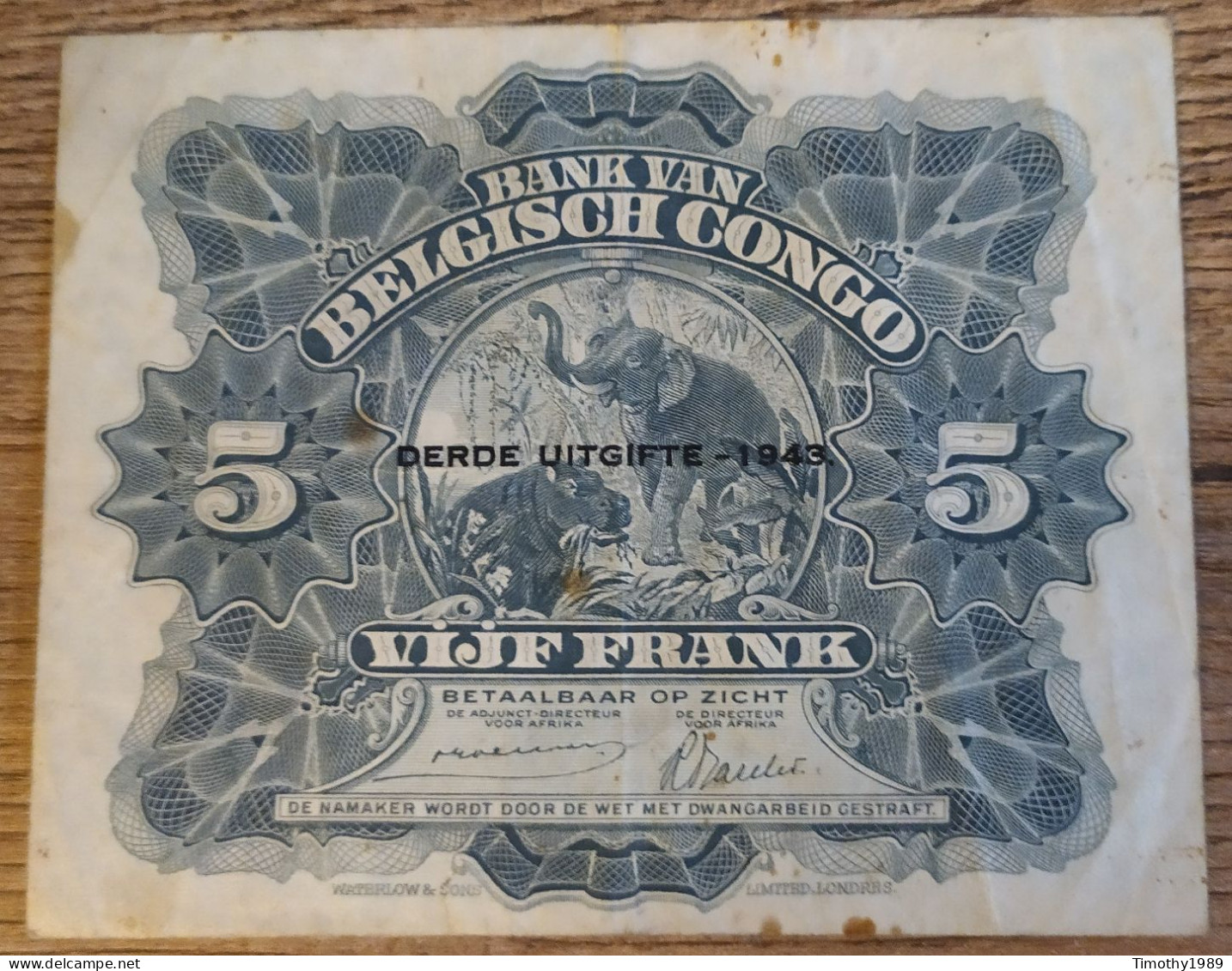P#13A - 5 Francs Belgian Congo 1943 - Derde Uitgifte/troisième Emission (VF) - Bank Van Belgisch Kongo