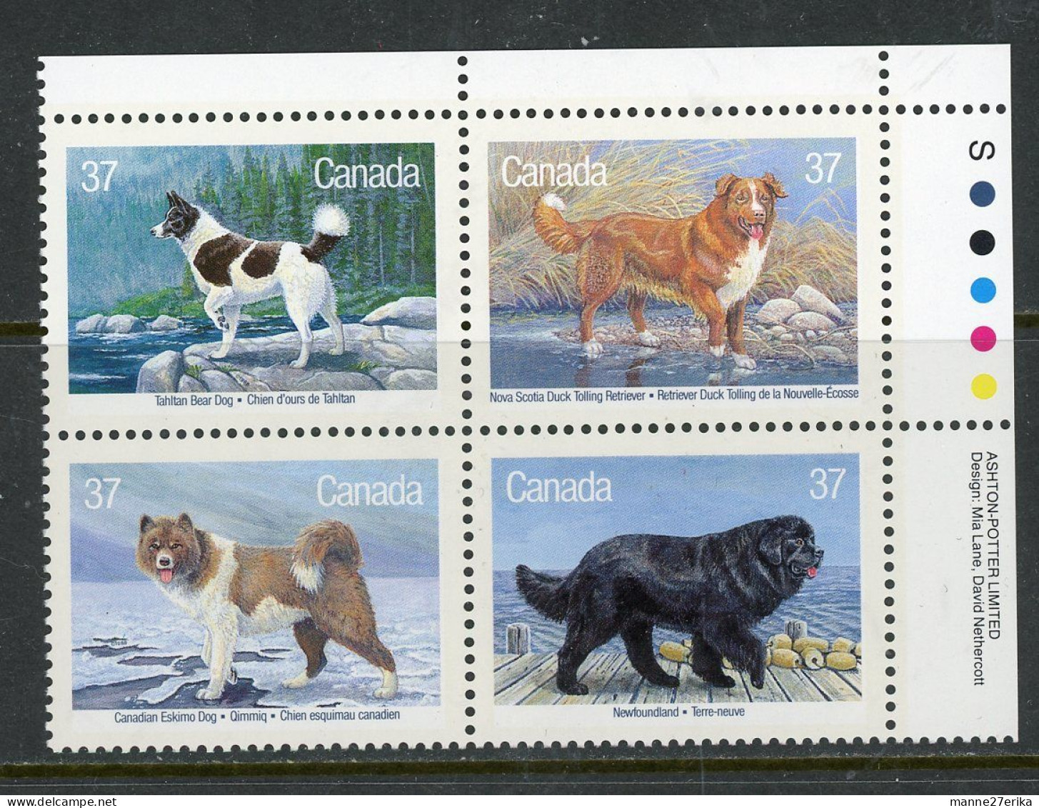 Canada 1988 MNH Plate Block  "Dogs Of Canada" - Neufs