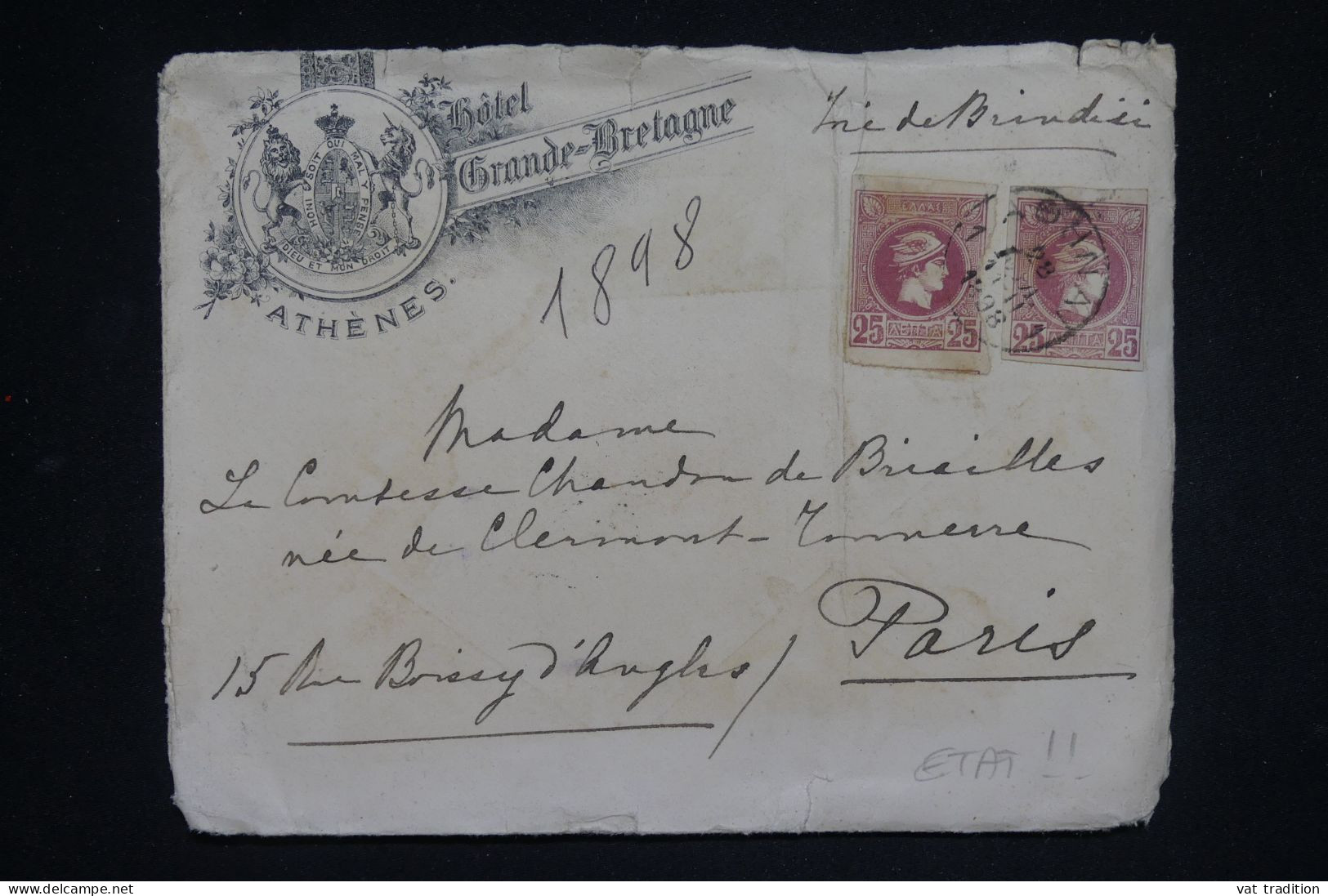 GRECE - Enveloppe De L'Hôtel Grande Bretagne De Athènes Pour Paris En 1898 - L 150127 - Storia Postale