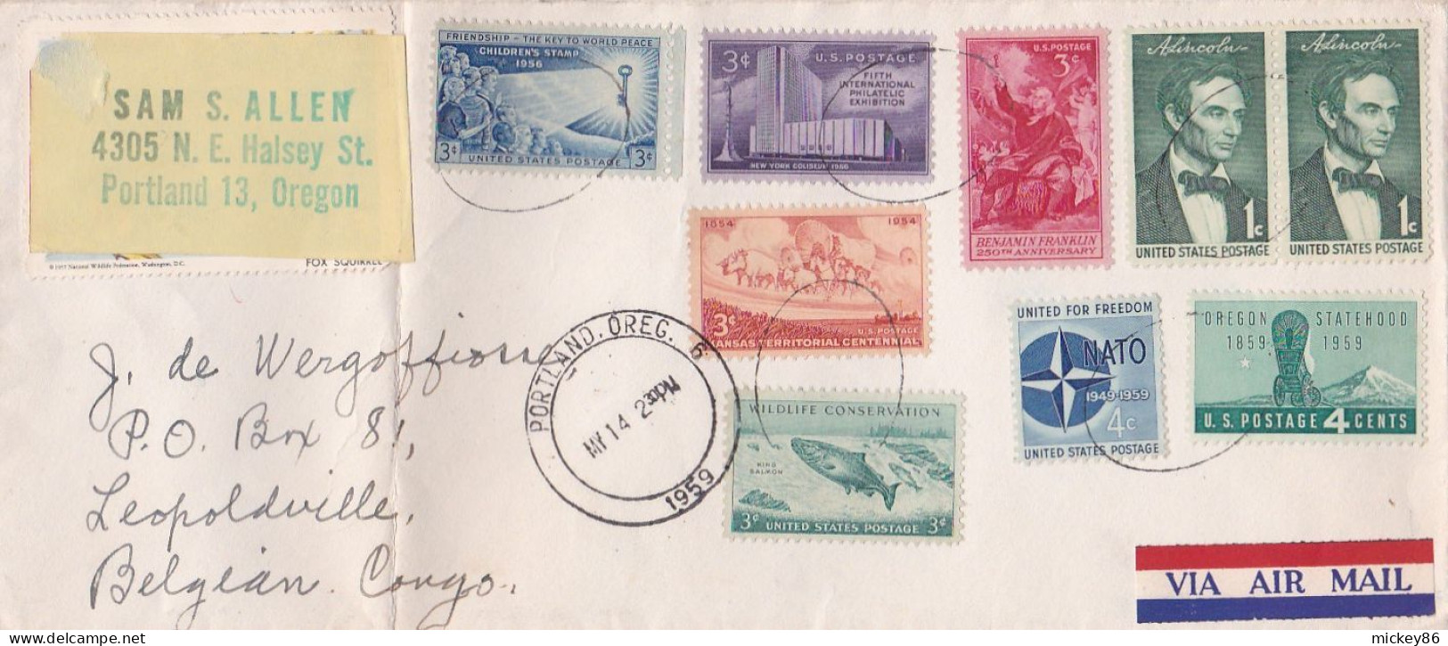 Etats-Unis -1959 -- Lettre De PORTLAND (Oreg)  Pour LEOPLOLDVILLE (Congo Belge)..timbres....cachet  14-5-59 - Lettres & Documents