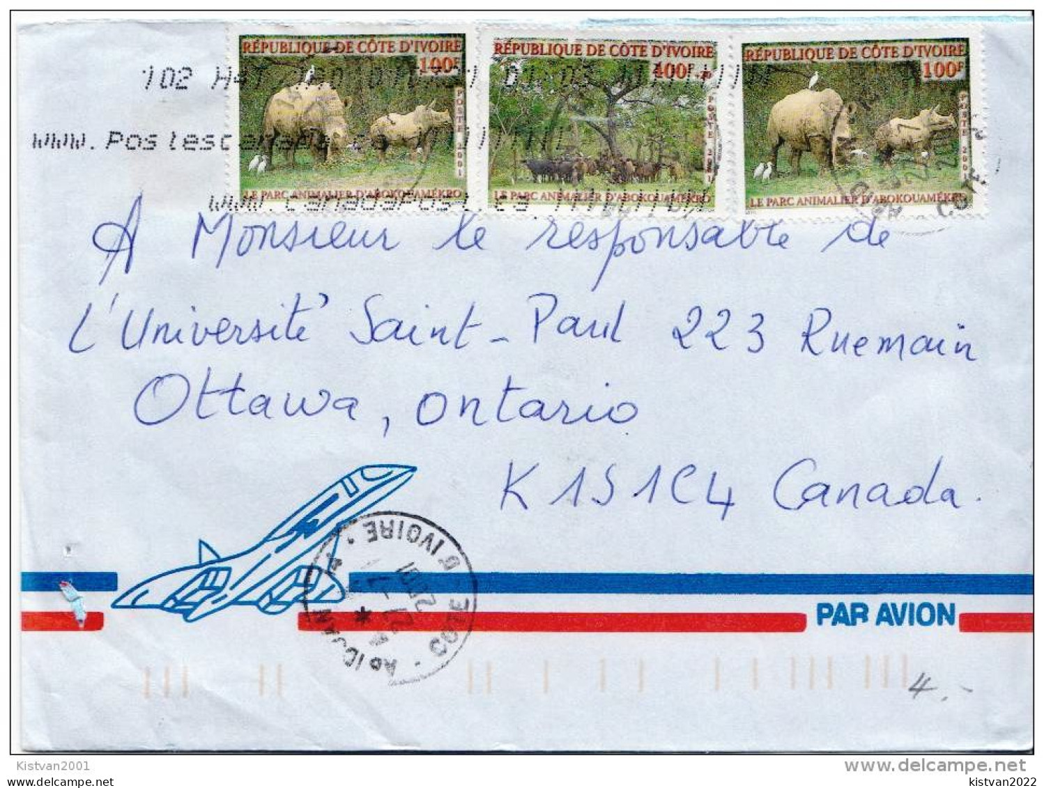 Postal History: Ivory Coast Cover - Rhinocéros