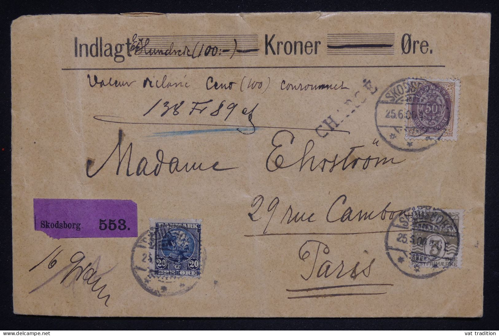 DANEMARK - Enveloppe En Chargé De Skodsborg  Pour Paris En 1906 - L 150128 - Storia Postale