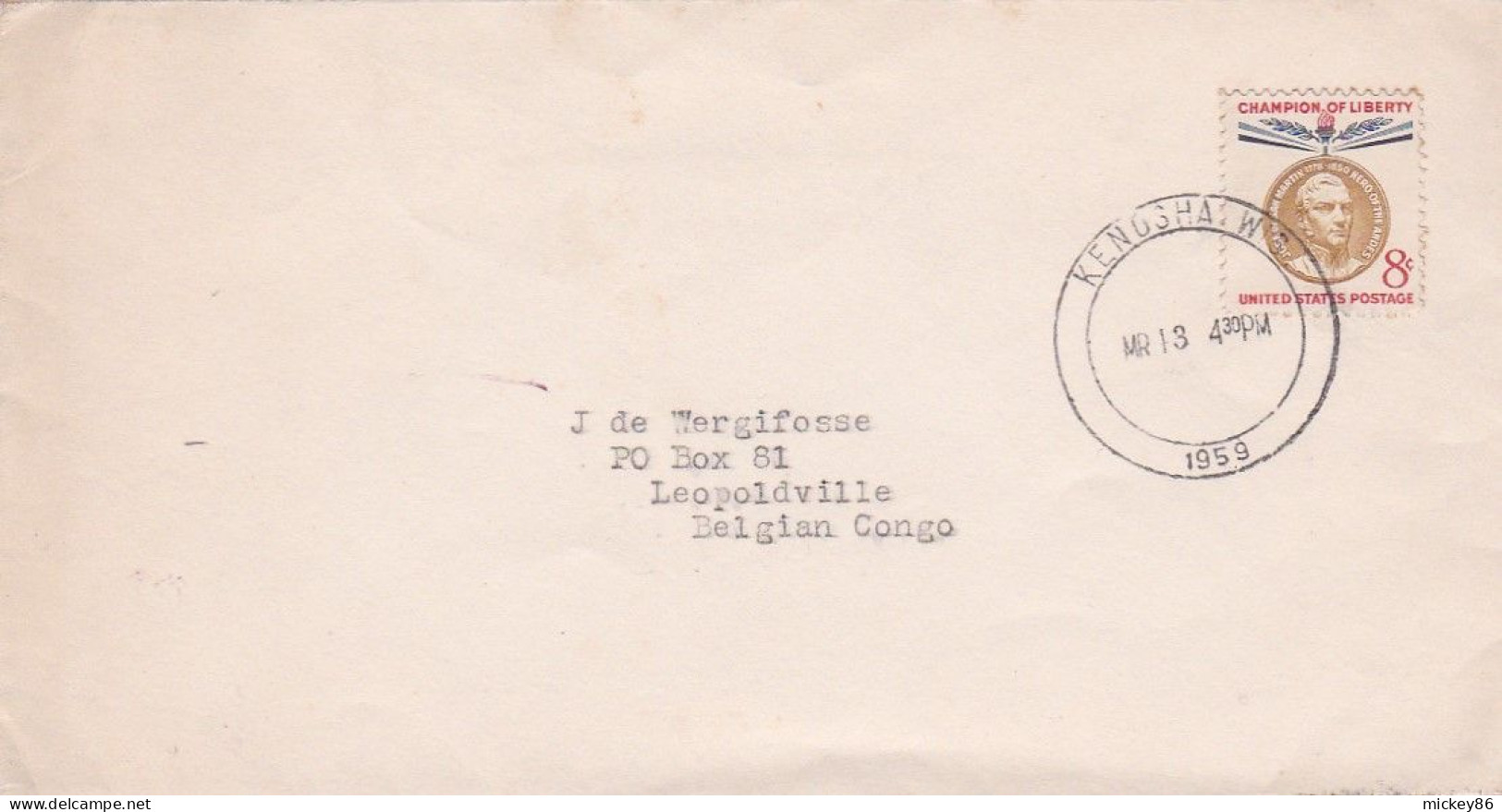 Etats-Unis -1959 -- Lettre De KENOSHA (Wisc)  Pour LEOPLOLDVILLE (Congo Belge)..timbre Seul Sur Lettre...cachet  13-3-59 - Brieven En Documenten