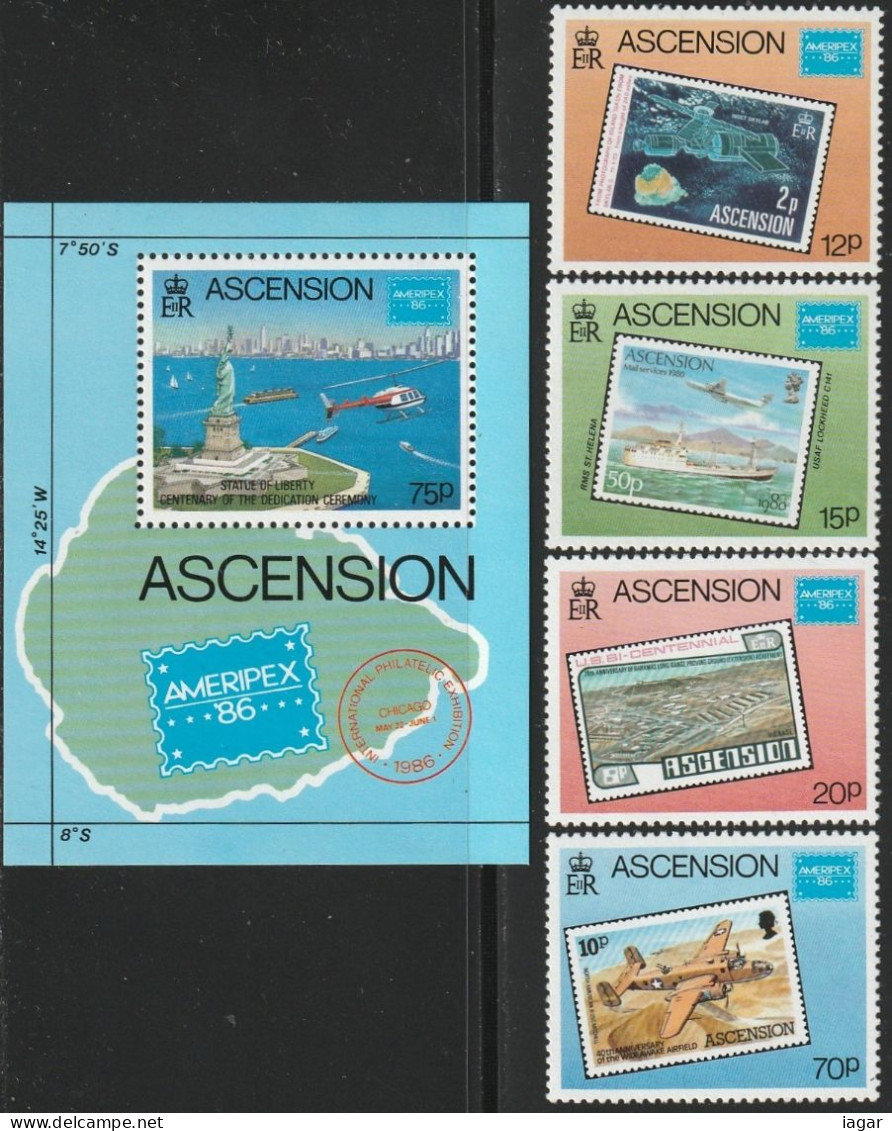 THEMATIC STAMPS ON STAMPS:  "AMERIPEX '86" STAMP EXHIBITION, CHICAGO. STATUE OF LIBERTY.  ASCENSION STAMPS  - ASCENSION - Francobolli Su Francobolli