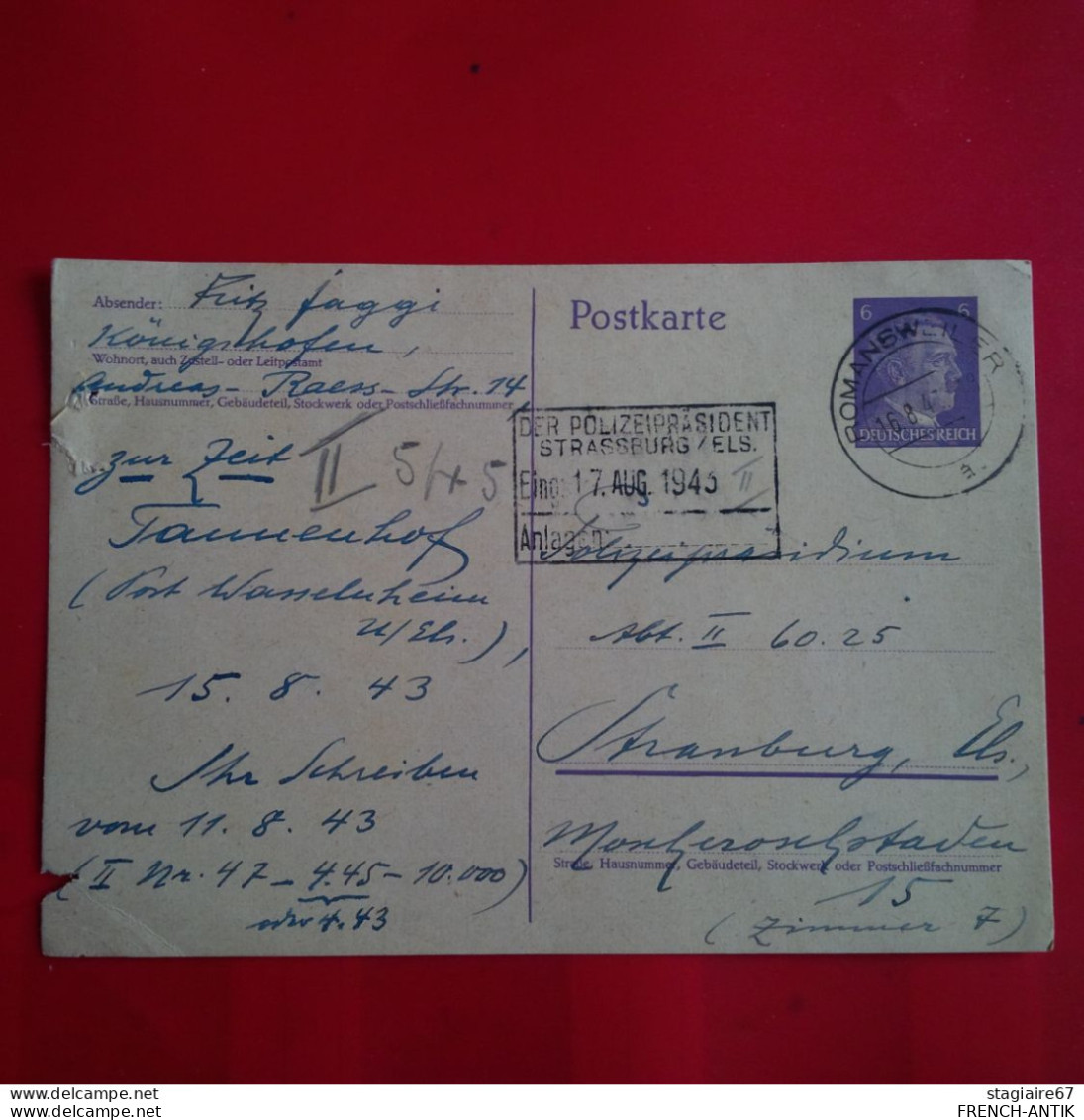 ENTIER ALLEMAGNE ROMANSWEILER POUR STRASSBURG 1945 - Lettres & Documents