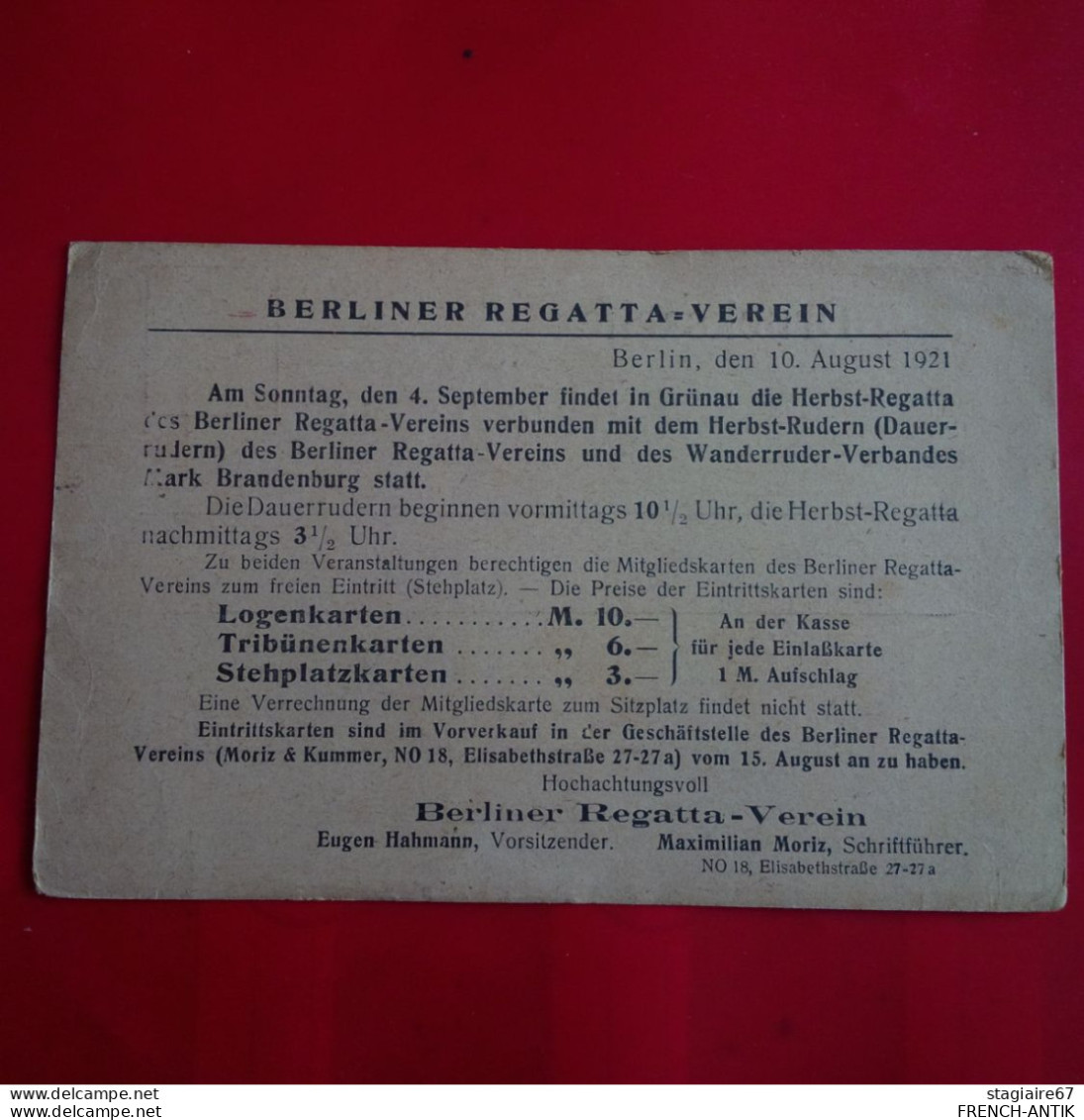 ENTIER ALLEMAGNE BERLIN 1921 BERLINER REGATTA VEREIN - Lettres & Documents