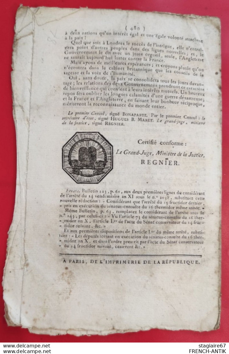 BULLETIN DES LOIS DE LA RÉPUBLIQUE ARRÊTÉ ÉTABLISSEMENT D UN BUREAU DE DOUANE À LYON - Decretos & Leyes