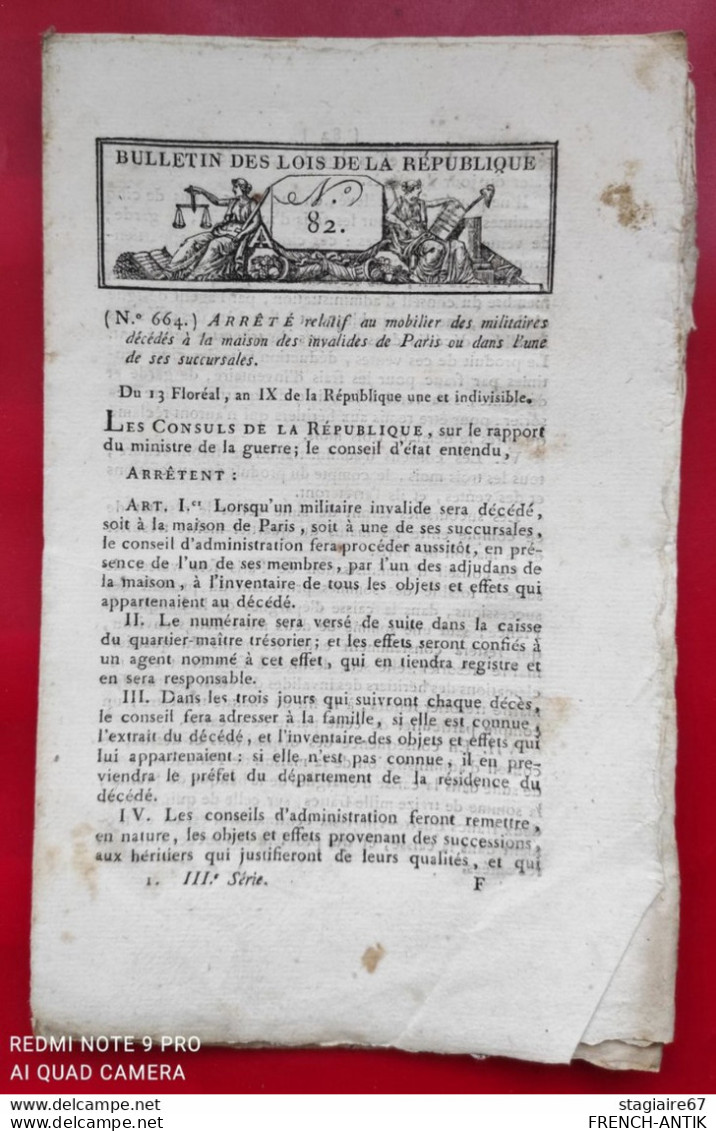 BULLETIN DES LOIS ARRÊTÉ RELATIF AU MOBILIER DES MILITAIRES DÉCÉDÉS À LA MAISON DES INVALIDES DE PARIS OU SUCCURSALES - Decretos & Leyes