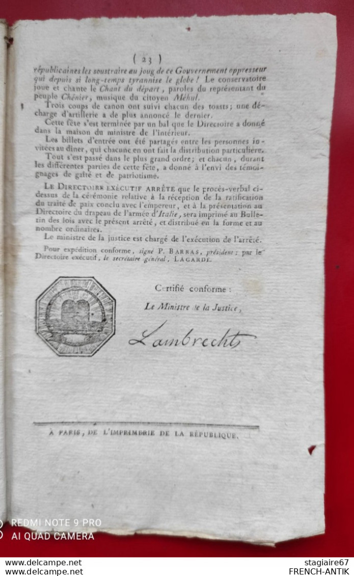 BULLETIN DES LOIS EXTRAIT DU PROCÈS VERBAL SÉANCE PUBLIQUE DU DIRECTOIRE EXÉCUTIF ARRÊTÉ QUI ORDONNE L IMPRESSION - Wetten & Decreten