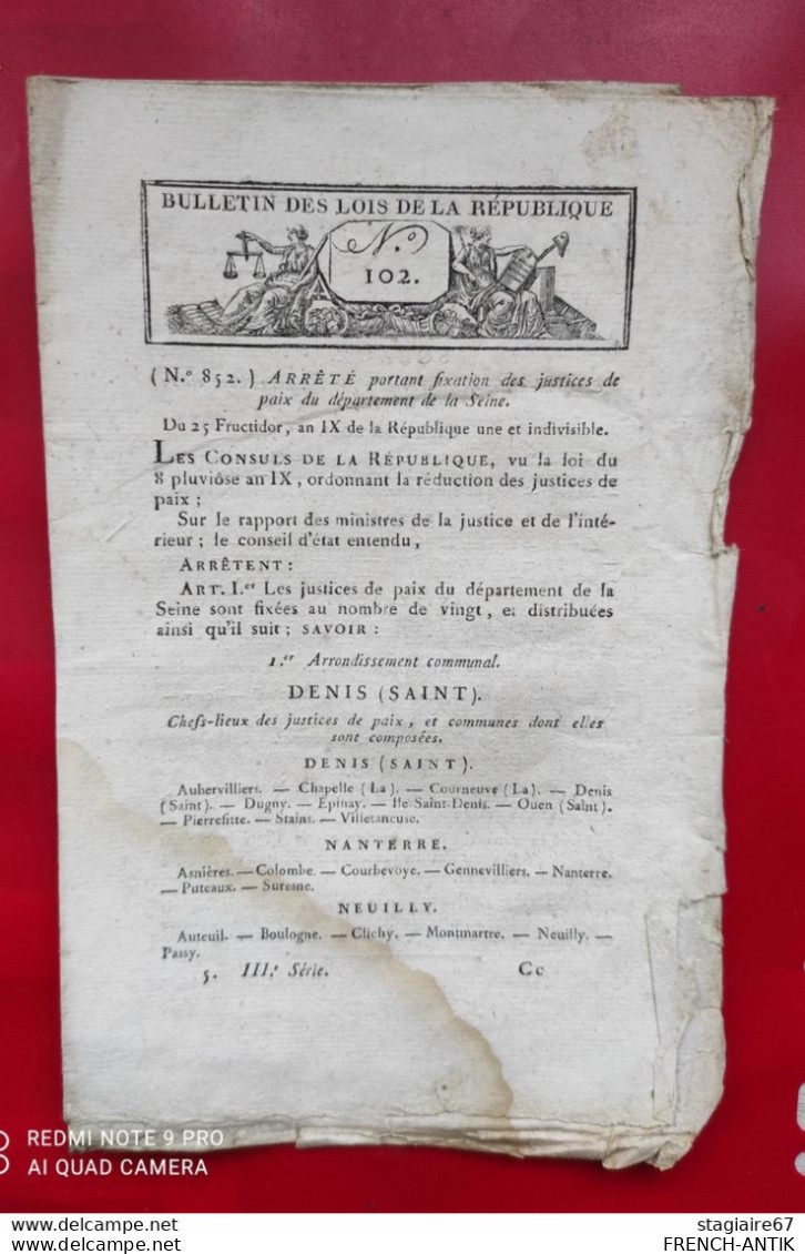 BULLETIN DES LOIS ARRÊTÉ PORTANT FIXATION DES JUSTICES DE PAIX DU DÉPARTEMENT DE LA SEINE - Decrees & Laws