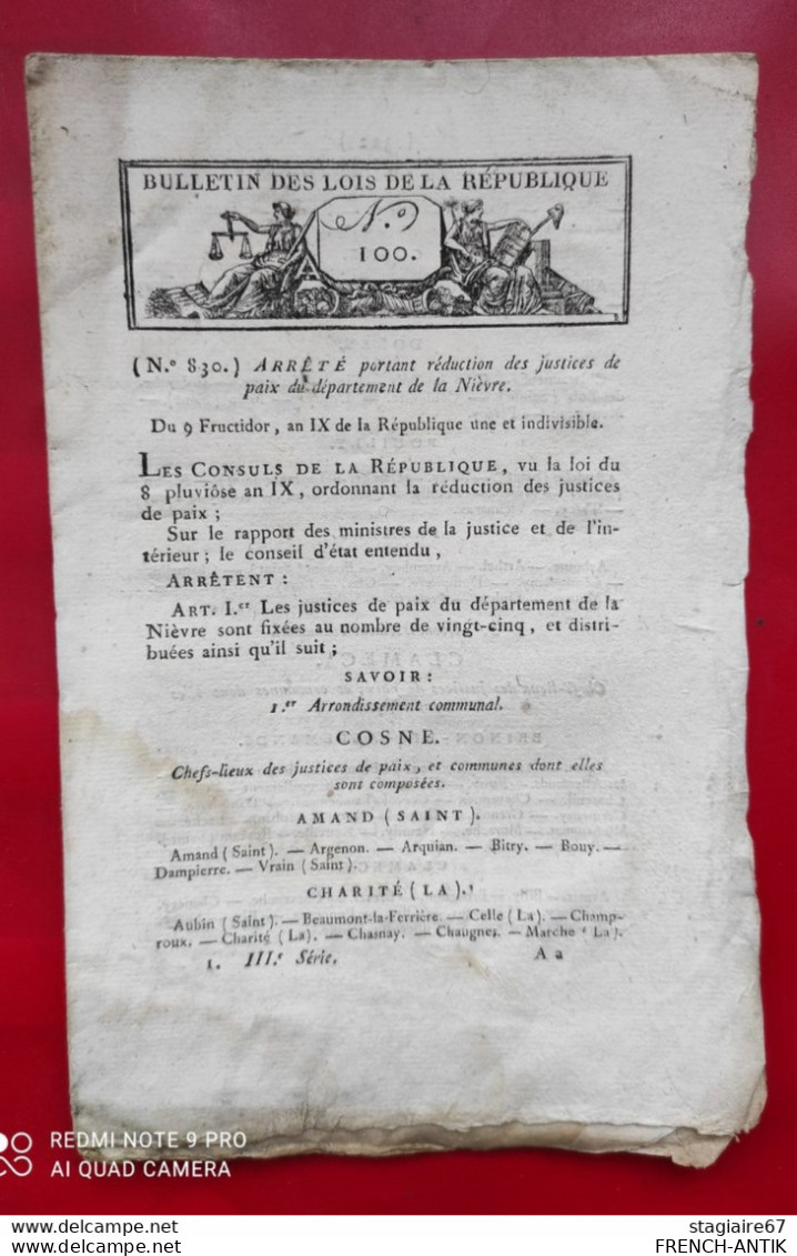 BULLETIN DES LOIS ARRÊTÉ PORTANT RÉDUCTION DES JUSTICES DE PAIX DU DÉPARTEMENT DE LA NIÈVRE - Decrees & Laws