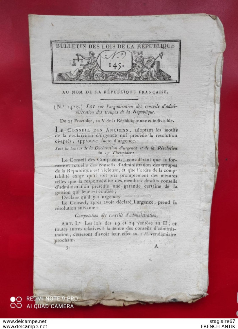 BULLETIN DES LOIS LOI SUR ORGANISATION DES CONSEILS D ADMINISTRATION DES TROUPES DE LA RÉPUBLIQUE - Decrees & Laws