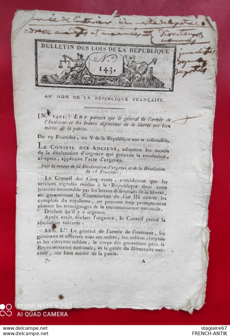 BULLETIN DES LOIS LOI PORTANT QUE LE GÉNÉRAL DE L ARMÉE DE L INTÉRIEUR ET BRAVES DÉFENSEURS ONT MÉRITÉ DE LA PATRIE - Decrees & Laws