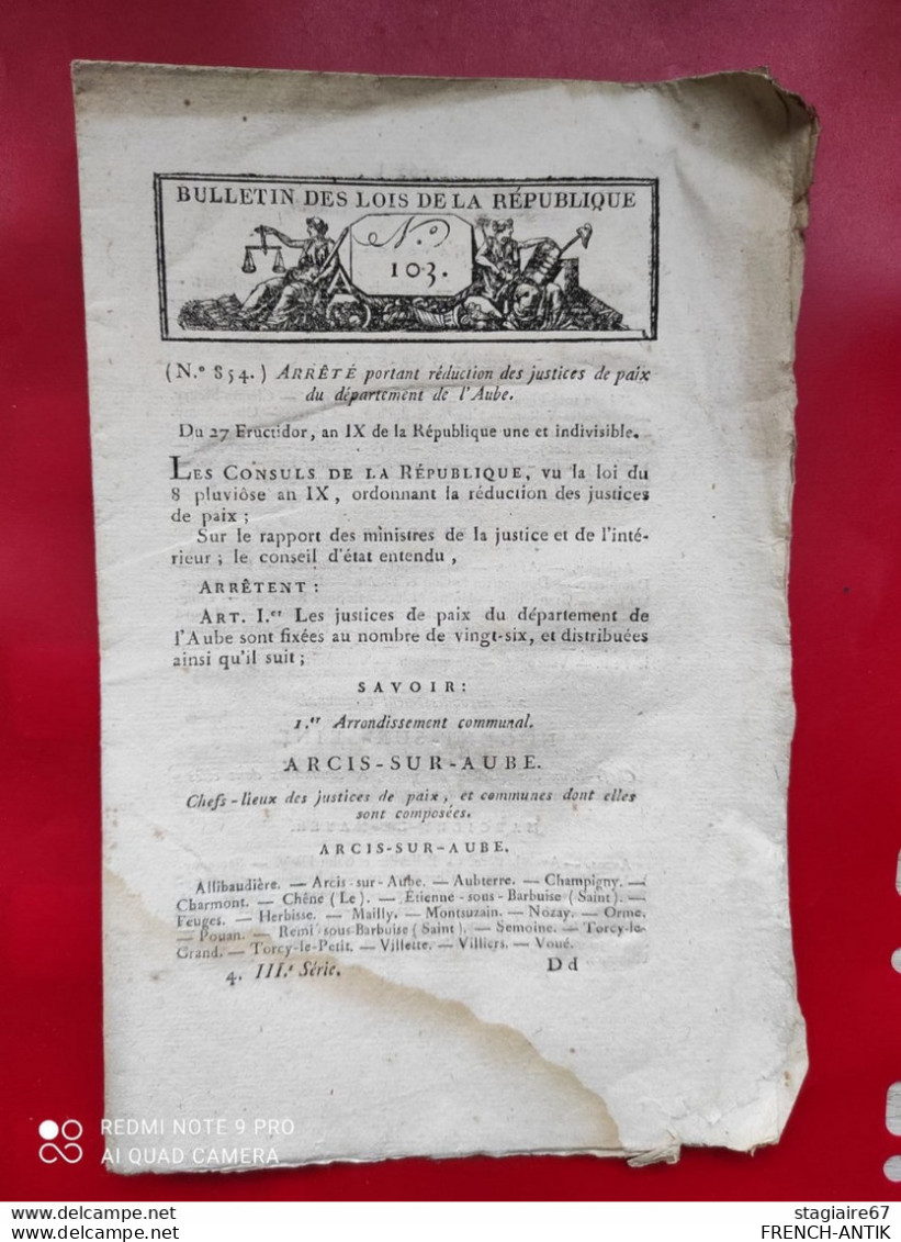 BULLETIN DES LOIS ARRÊTÉ PORTANT RÉDUCTION DES JUSTICES DE PAIX DU DÉPARTEMENT DE L AUBE - Decrees & Laws