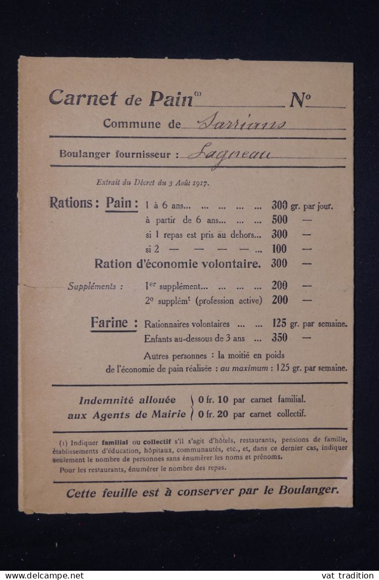 VIEUX PAPIERS - Carnet De Restriction De Pain Non Utilisé - L 150132 - Collections