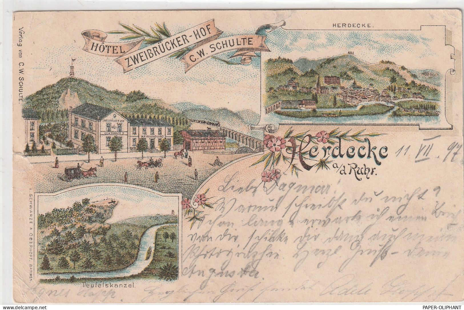 5804 HERDECKE, Lithographie 1897 Nach Portugal, Hotel Zweibrücker Hof, Teufelskanzel, Panorama, Kl. Mängel - Schwelm