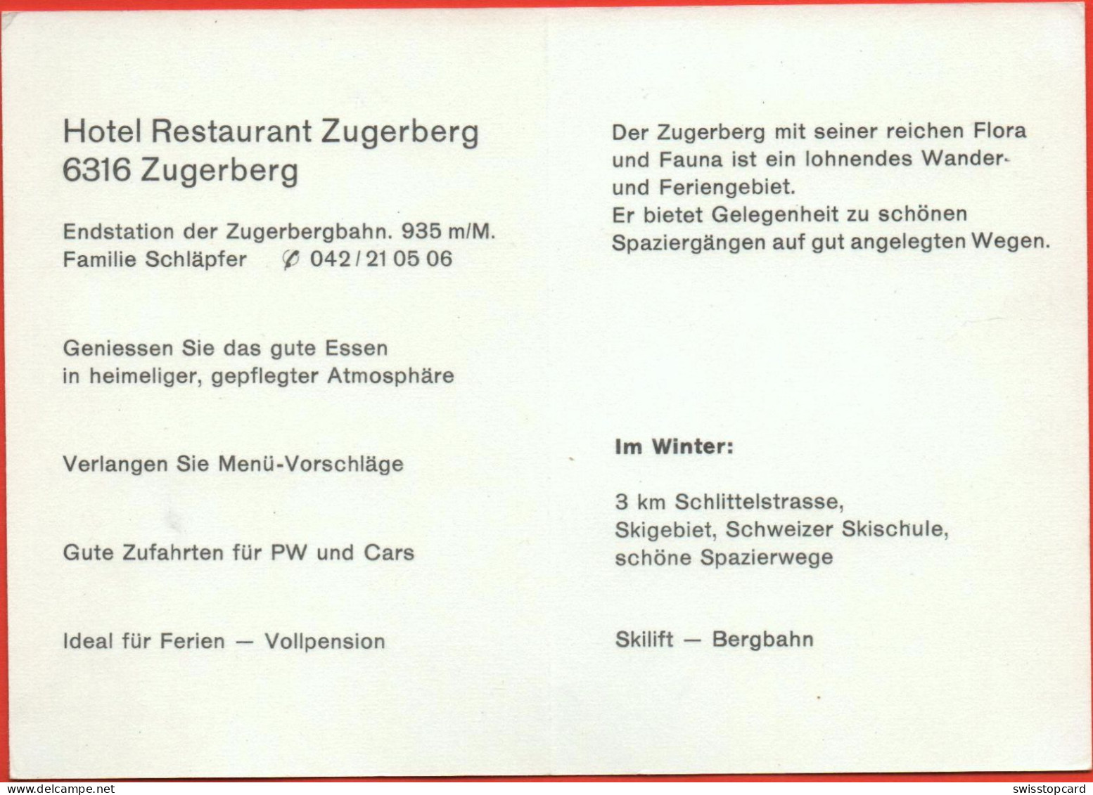 ZUG Werbung Hotel Restaurant Zugerberg, Familie Schläpfer - Zoug