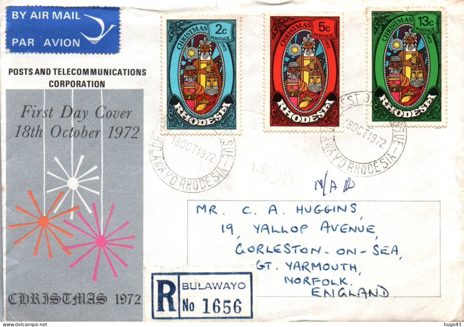 1972 - CHRISTMAS 1972 - FIRST DAY COVER  - RECOMMANDEE BULAWAYO TO ENGLAND - Rhodesia (1964-1980)