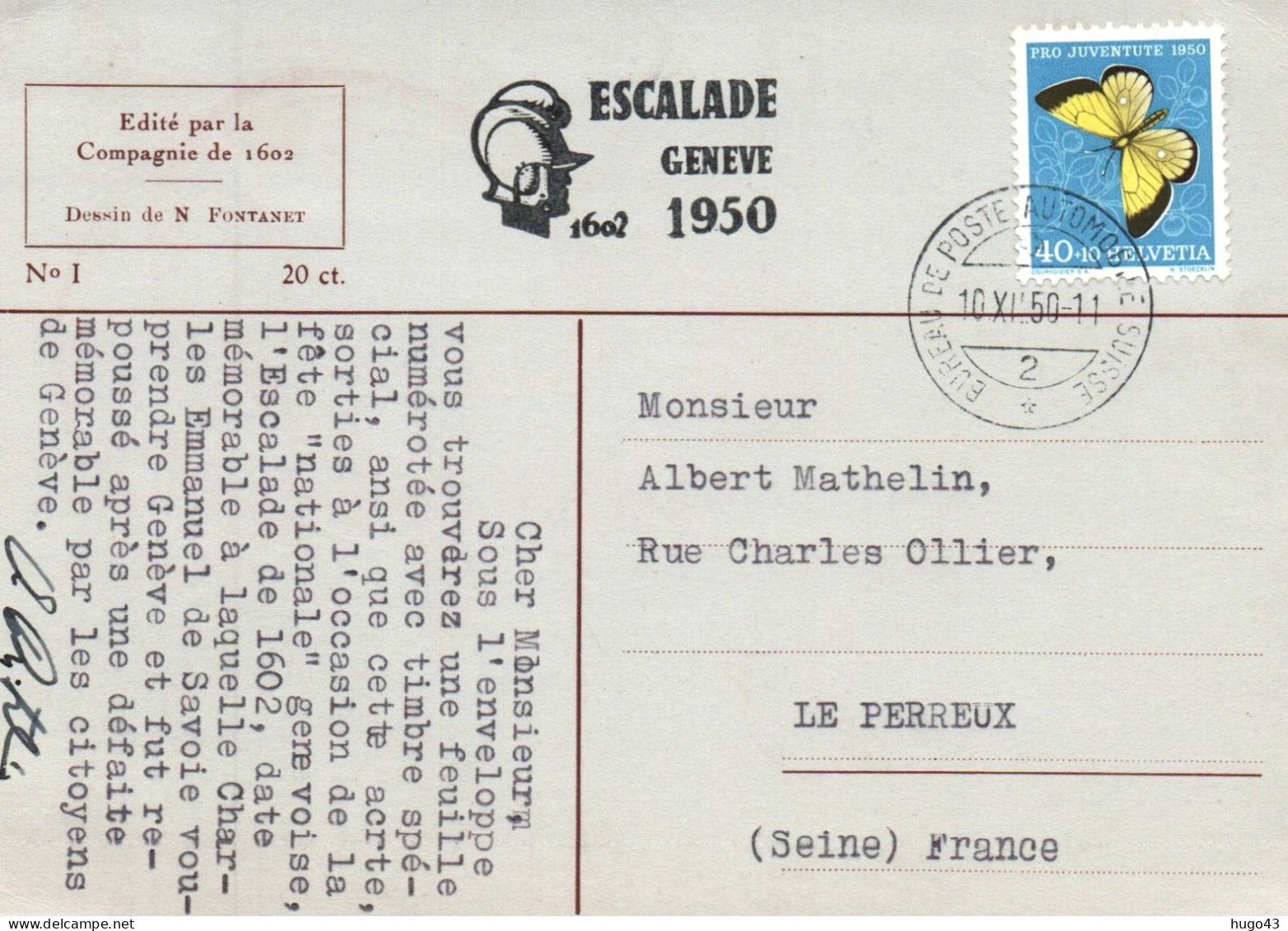 CARTE ESCALADE GENEVE 1602 EN 1950 - CACHET BUREAU DE POSTE AUTOMOBILE SUISSE LE 10/11/1950 - BEAU TIMBRE - Marcophilie