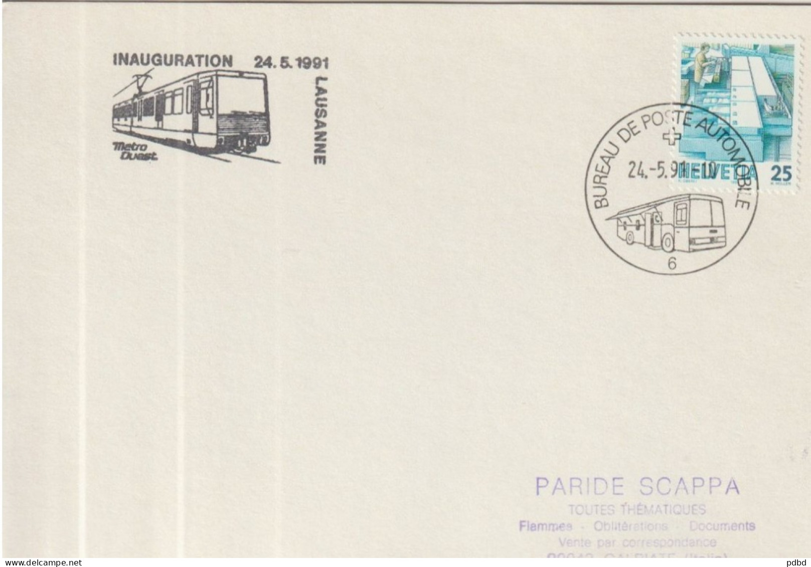 ETR FER 07 . Carton Format Enveloppe  . Suisse . Bureau De Poste Automobile 6 . Cachet Inauguration Métro 1991 .Lausanne - Railway