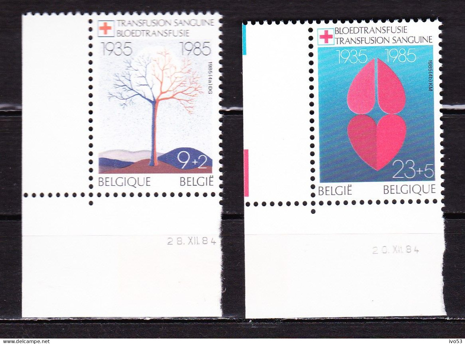 1985 Nr 2161-62** Drukdatum.Rode Kruis. - Hoekdatums