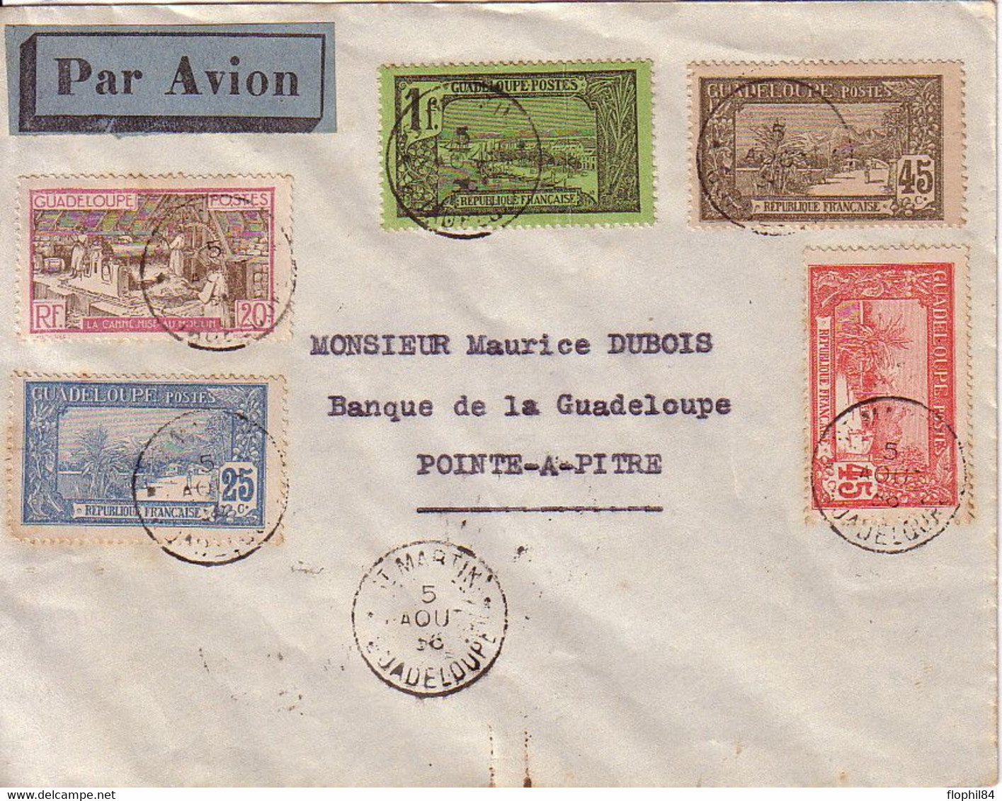 GUADELOUPE - ST MARTIN - 5 AOUT 1936 - LETTRE AVION POUR POINTE A PITRE - BEL AFFRANCHISSEMENT. - Covers & Documents