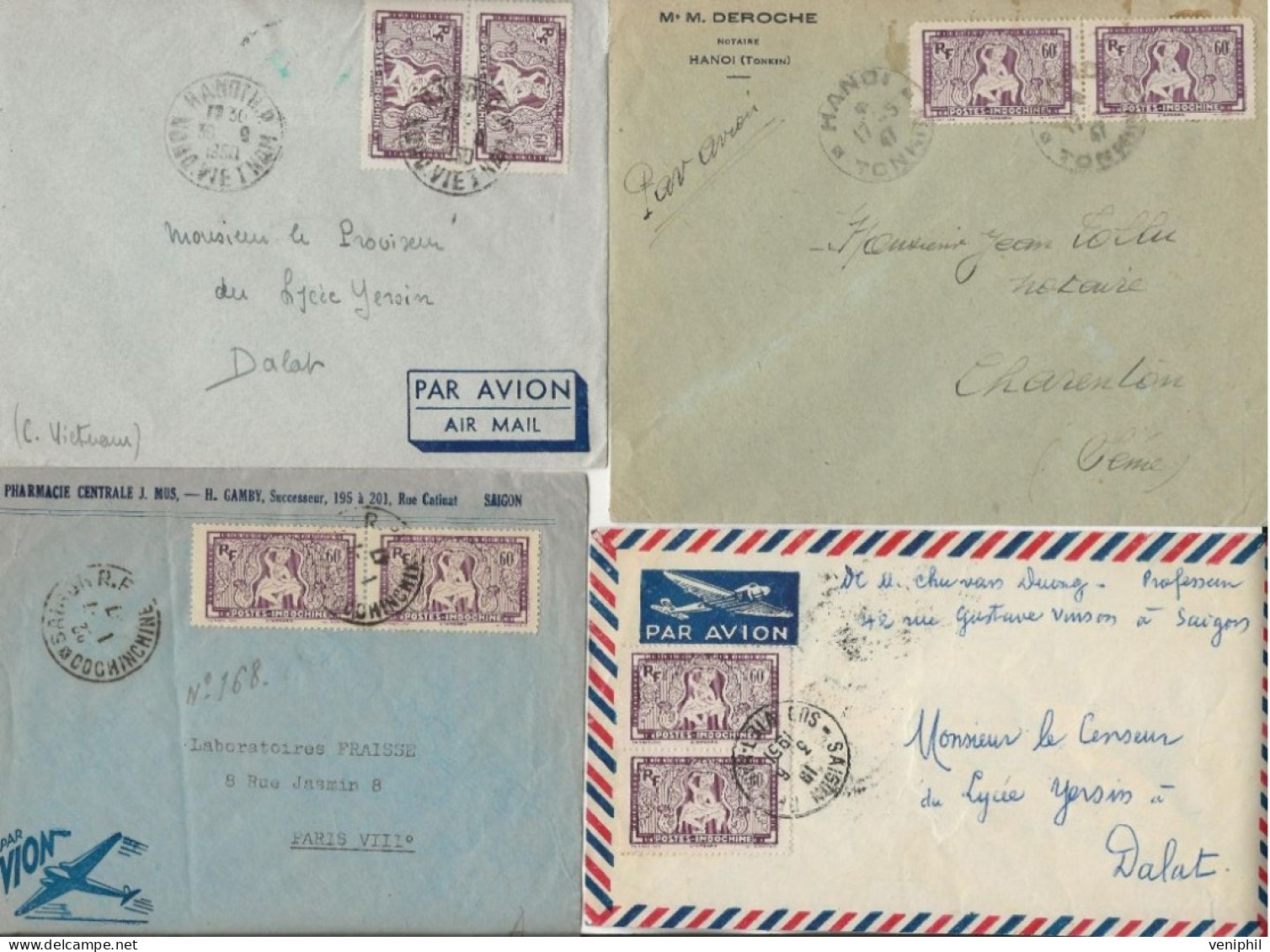 INDOCHINE  LOT DE 4 LETTRES AFFRANCHIES PAIRE N° 168 -CACHETS DIVERS -ANNEE 1947-51 - Lettres & Documents