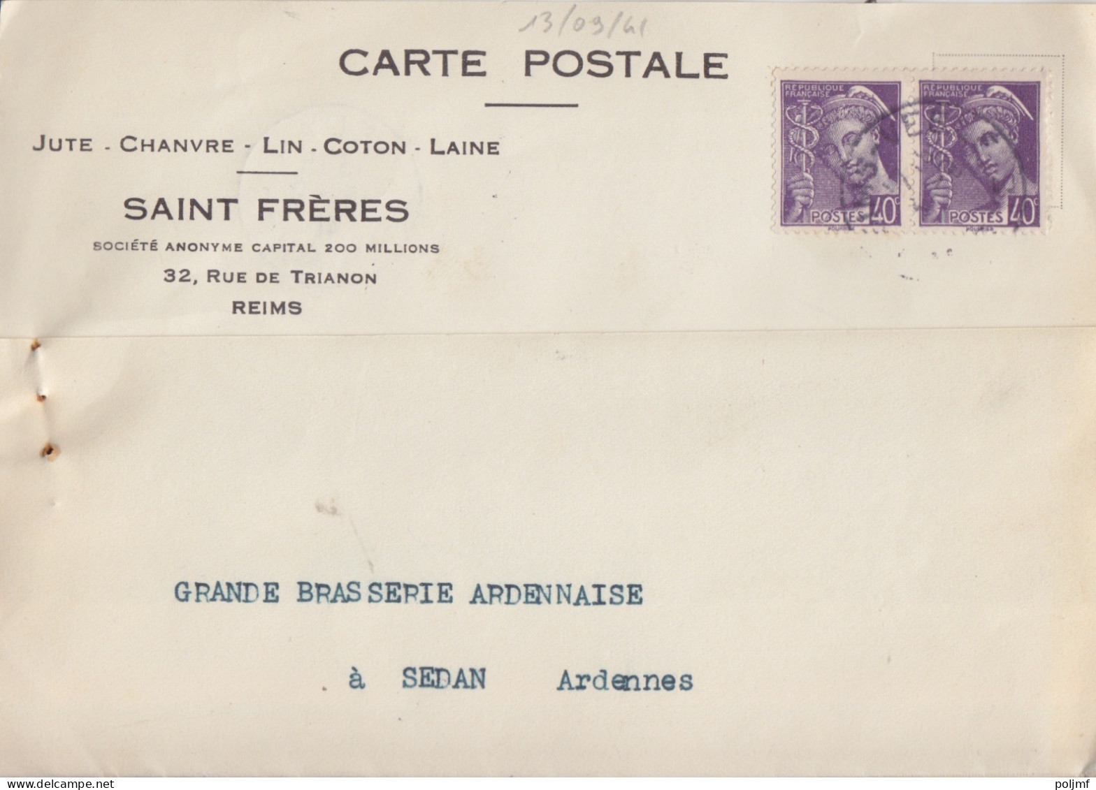 CP "Jute, Chanvre, ..." Obl. Reims Vesle Le 13/9/41 Sur 40c X 2 Mercure N° 413 (tarif Du 1/12/39) Pour Sedan - 1938-42 Mercurius