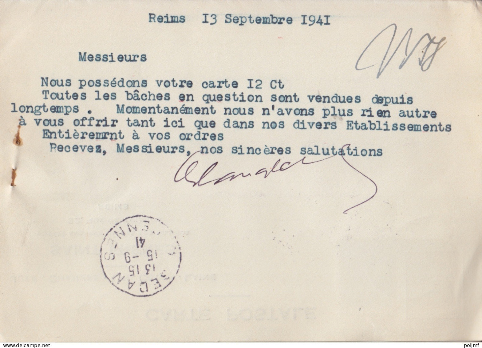 CP "Jute, Chanvre, ..." Obl. Reims Vesle Le 13/9/41 Sur 40c X 2 Mercure N° 413 (tarif Du 1/12/39) Pour Sedan - 1938-42 Mercurius