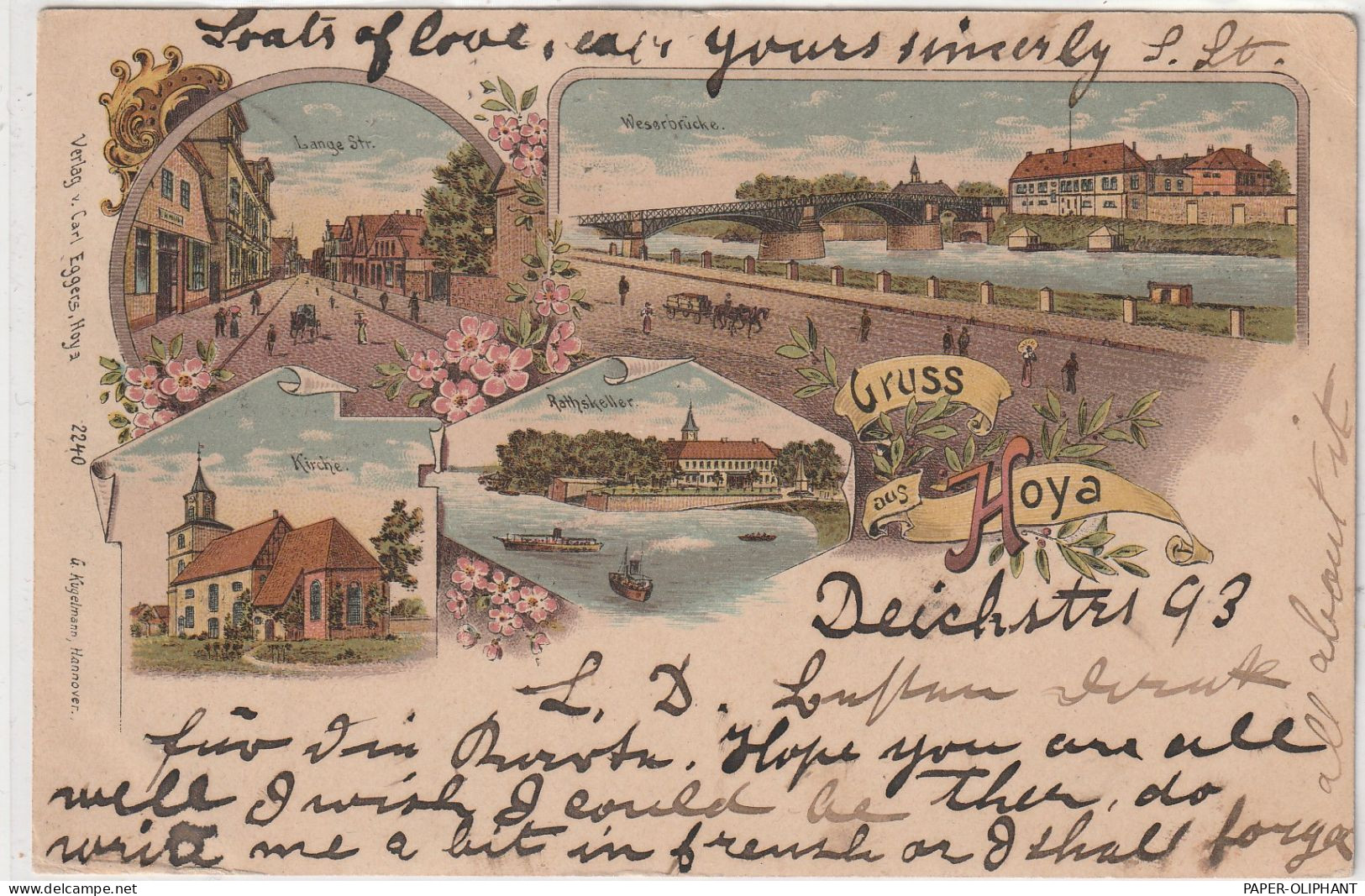 2812 HOYA, Lithographie, Lange Strasse, Rathskeller, Kirche, Weserbrücke - Nienburg