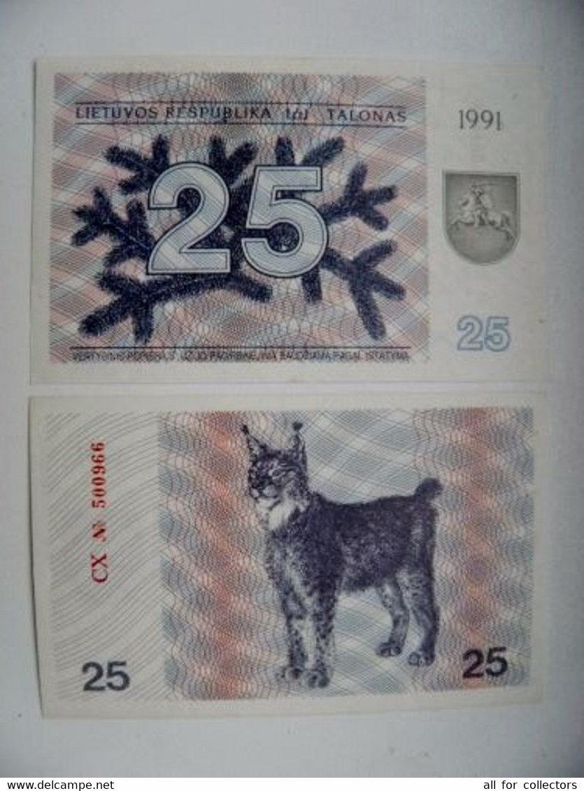 UNC Banknote Lithuania P-36b 1991 25 Talonas Animals Lynx - Litouwen