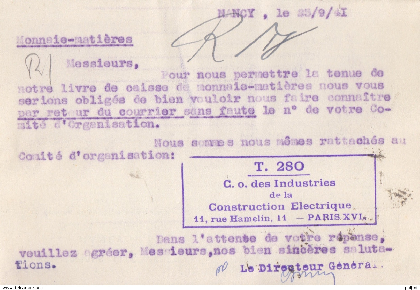 CP "Constructions Electriques" Obl. Nancy Le 23/9/ 41 Sur 40c X 2 Mercure N° 413 (tarif Du 1/12/39) Pour Sedan - 1938-42 Mercurius