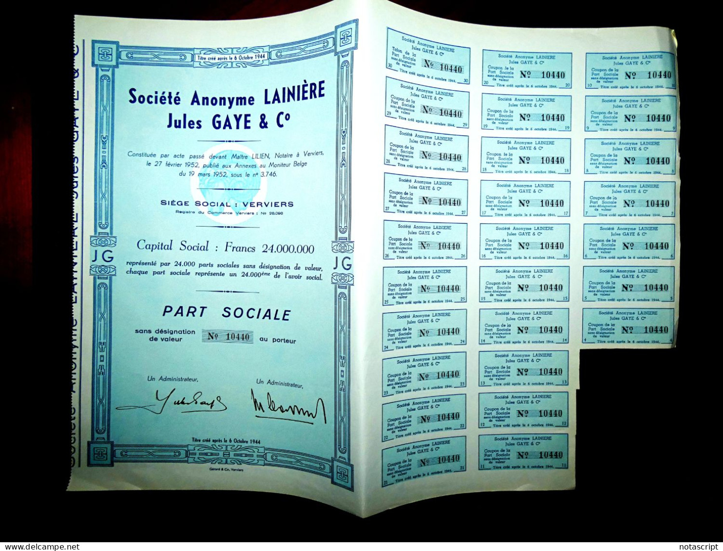 Société A,Lainière Jules Gaye & Co Verviers ,1952, Belgium Share Certificate - Textil