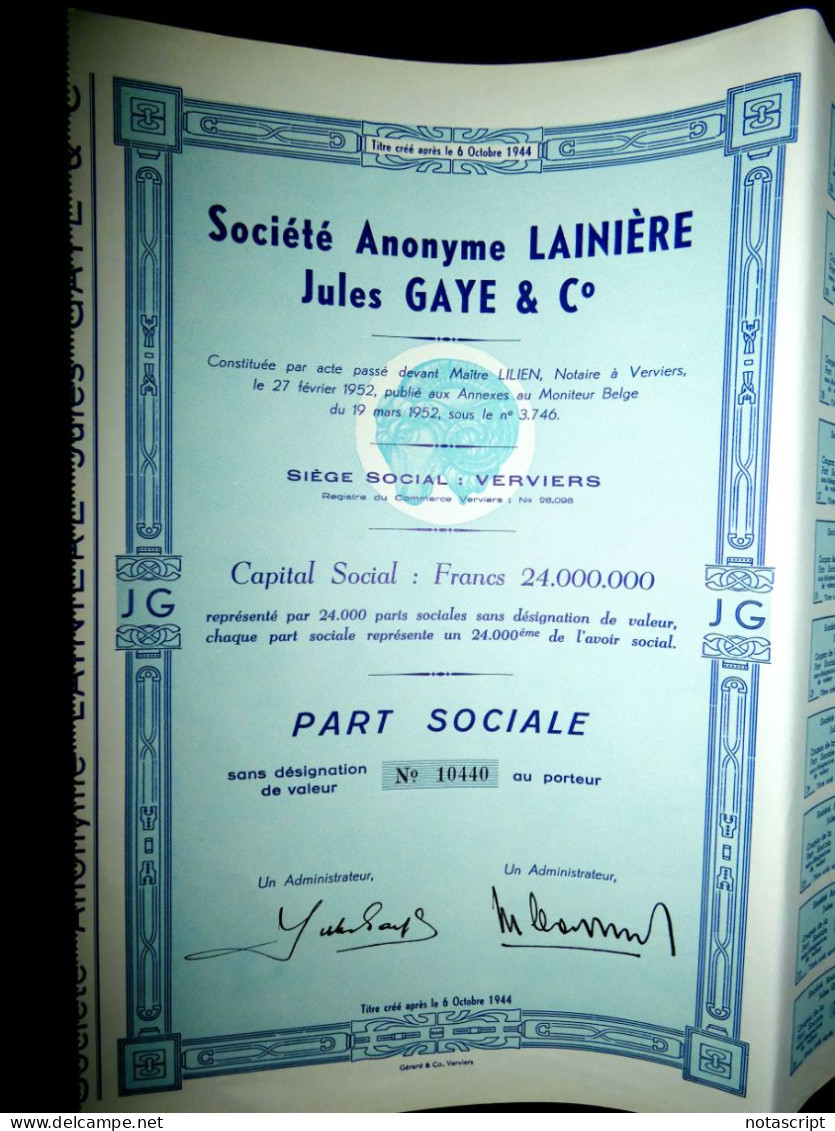 Société A,Lainière Jules Gaye & Co Verviers ,1952, Belgium Share Certificate - Textiel