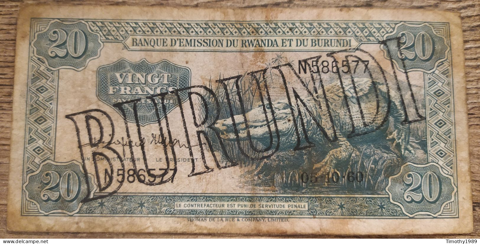 P# 3 - 20 Francs 1960 (VF) OVERPRINT - RARE - Burundi