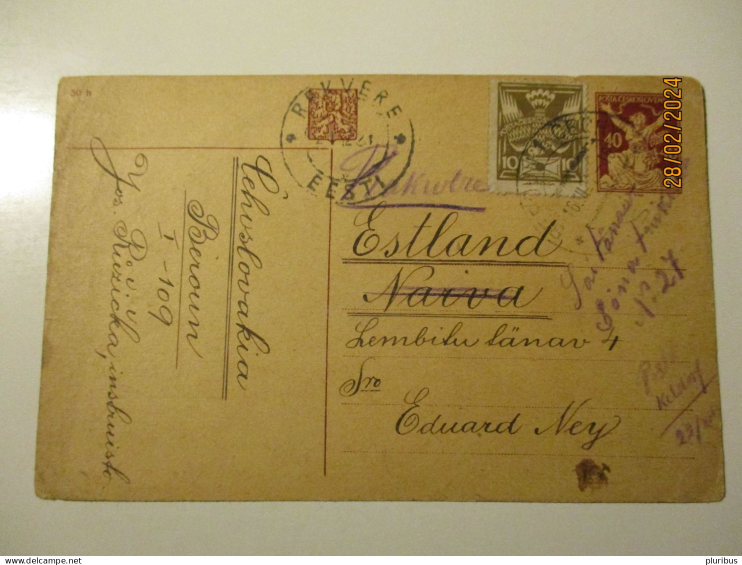 1921 BEROUN POSTAL STATIONERY  TO ESTONIA NARVA REDIRECTED TO RAKVERE   , 1-1 - Cartes Postales
