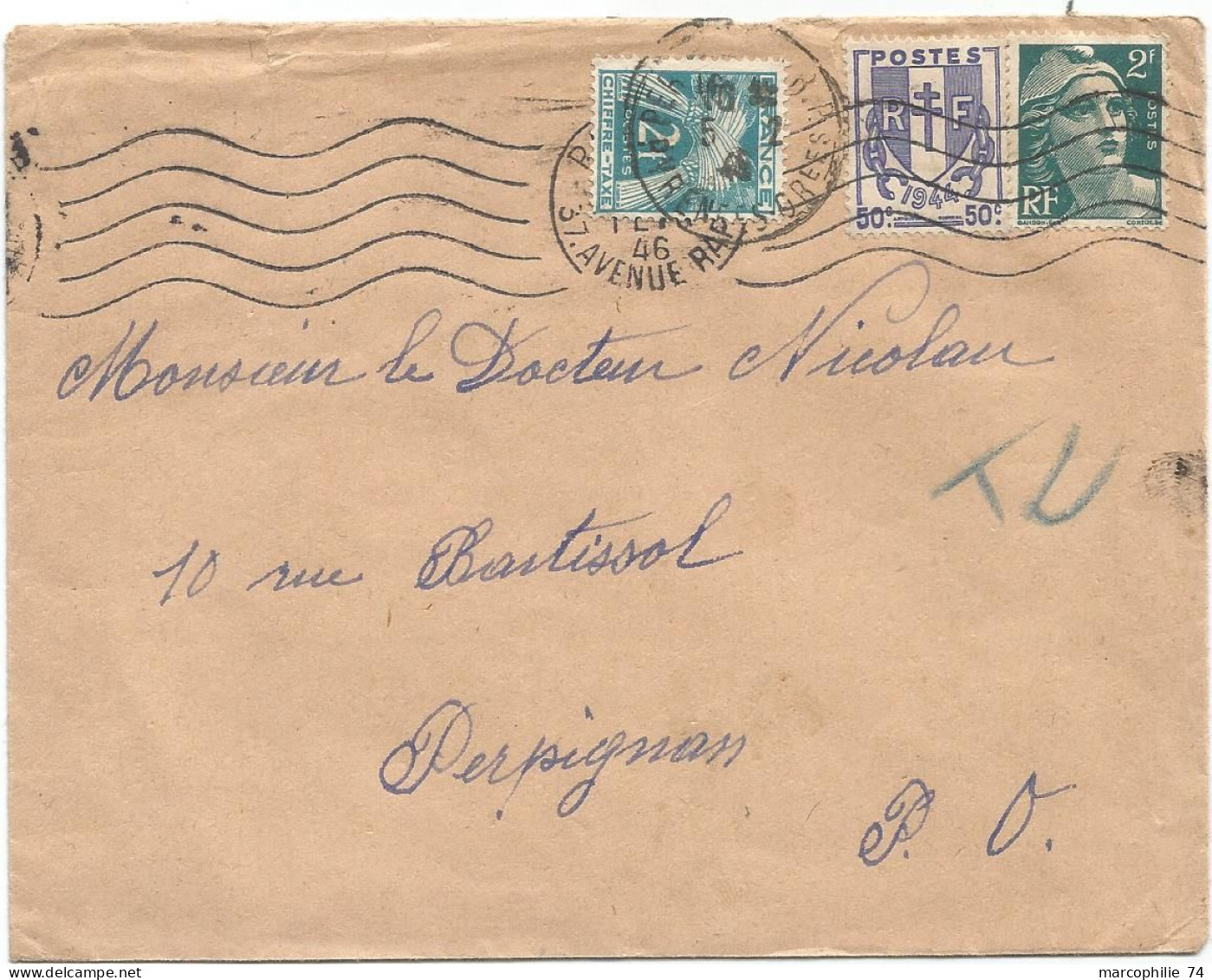 CHAINE 50C + GANDON 2FR LETTRE MEC PARIS 1946 POUR PERPIGNAN TAXE 2FR - 1941-66 Escudos Y Blasones