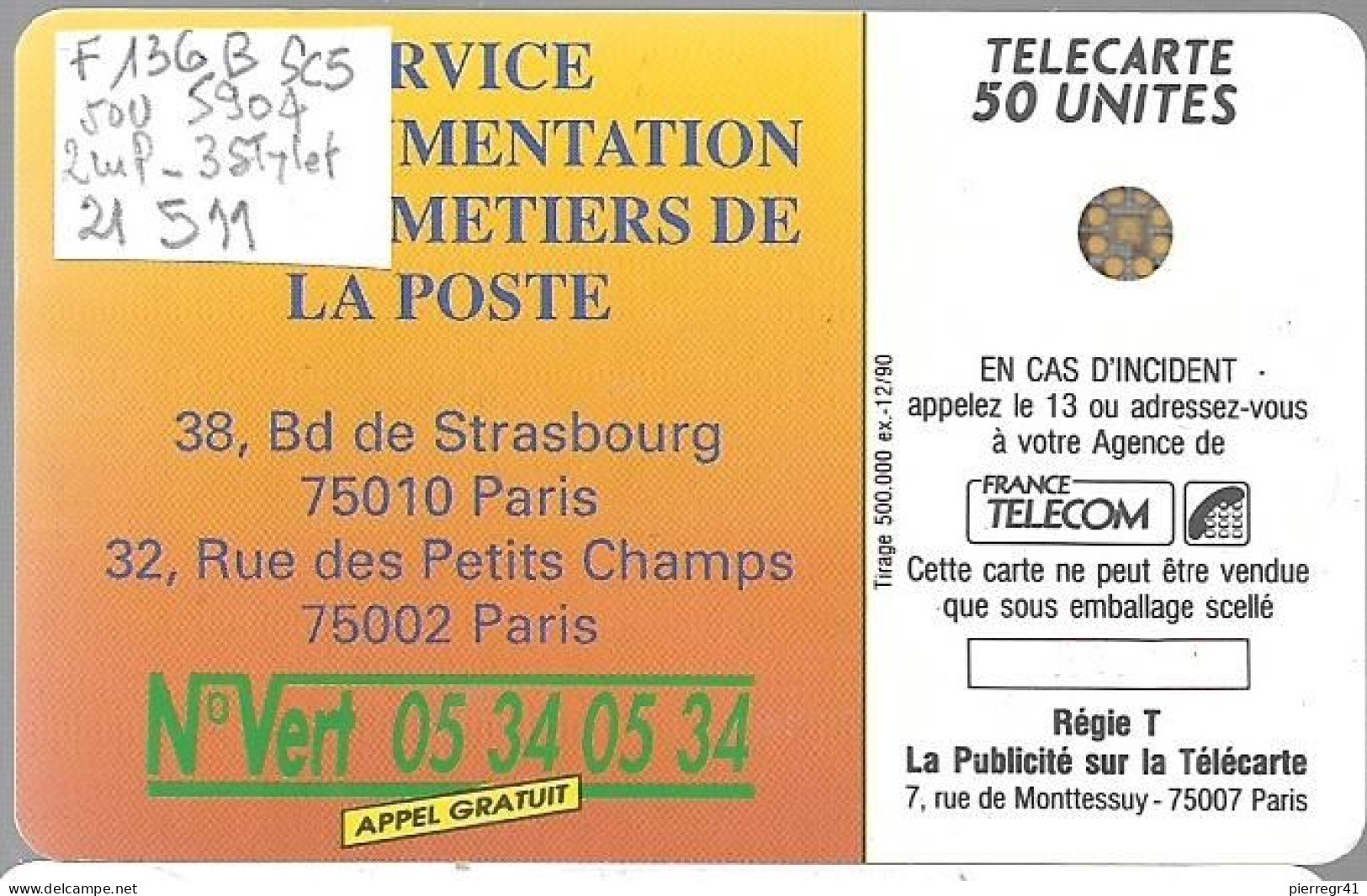 CARTE-PUBLIC-F-136B.590.4-1990-50U-SC5An-Trou 6-LA POSTE-Ile De France-2 Impact-21-3 Styl-21511 -UTILISEE-  TBE-RARE - 1990