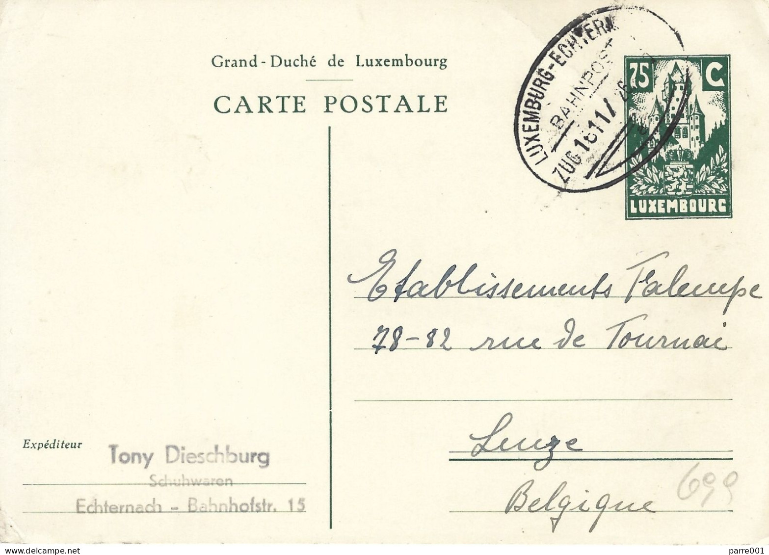 Luxembourg Luxemburg 1946 Echternach Ambulant Zug Bahnpost Postal Stationary Postcard - Postwaardestukken