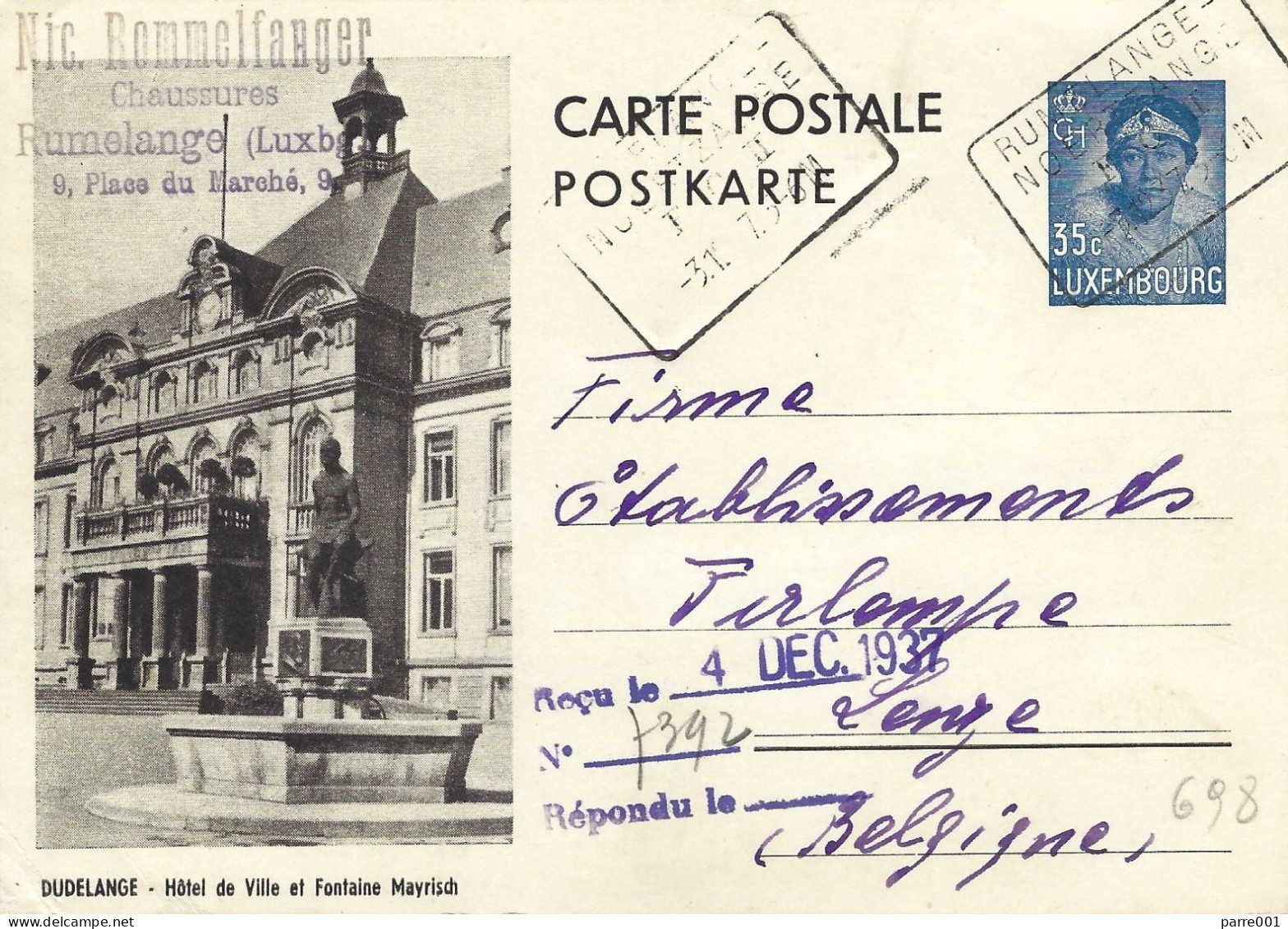 Luxembourg Luxemburg 1939 Rumelange-Noertrange Ambulant Zug Bahnpost Postal Stationary Postcard Dudelange - Entiers Postaux