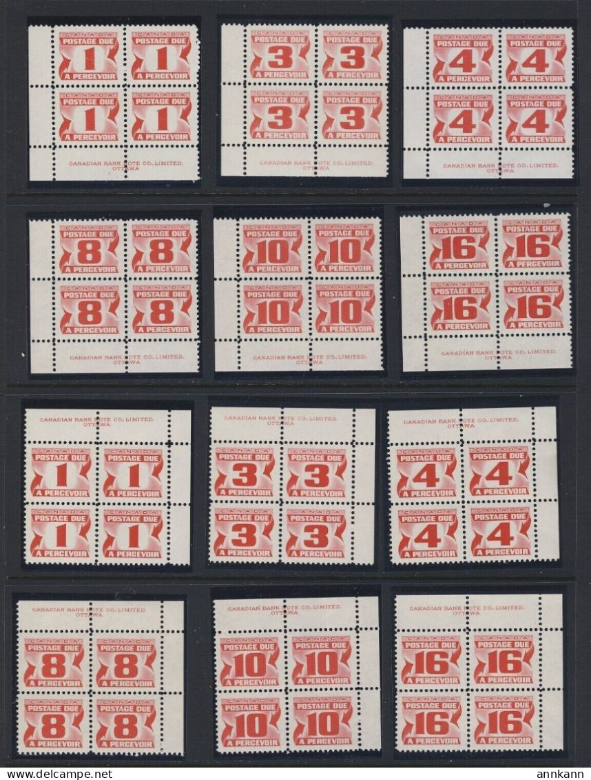 48x MNH Stamps CANADA Postage Due Stamps 12x Plate Blocks #J28-30-31-34-35-37 GV = $130.00 - Blokken & Velletjes