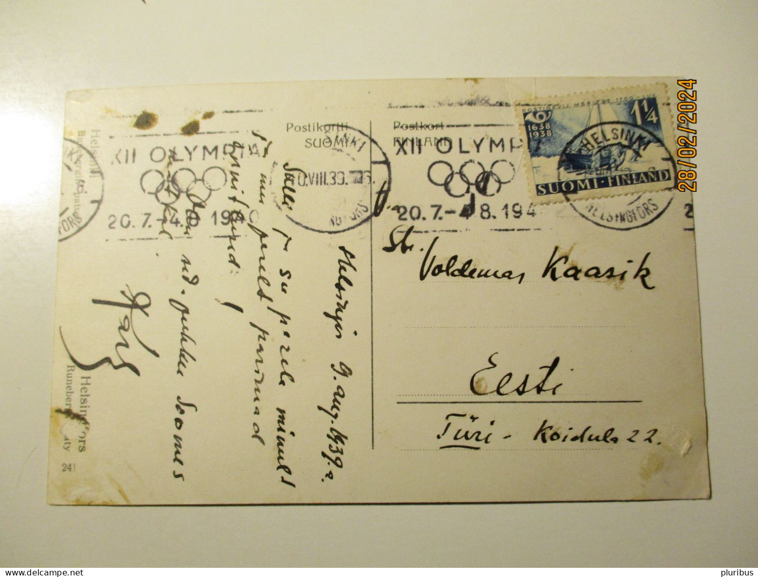 FINLAND 1939 TO ESTONIA , 1940 OLYMPIC GAMES ADVERTISING POSTSTAMP    , 1-1 - Other & Unclassified