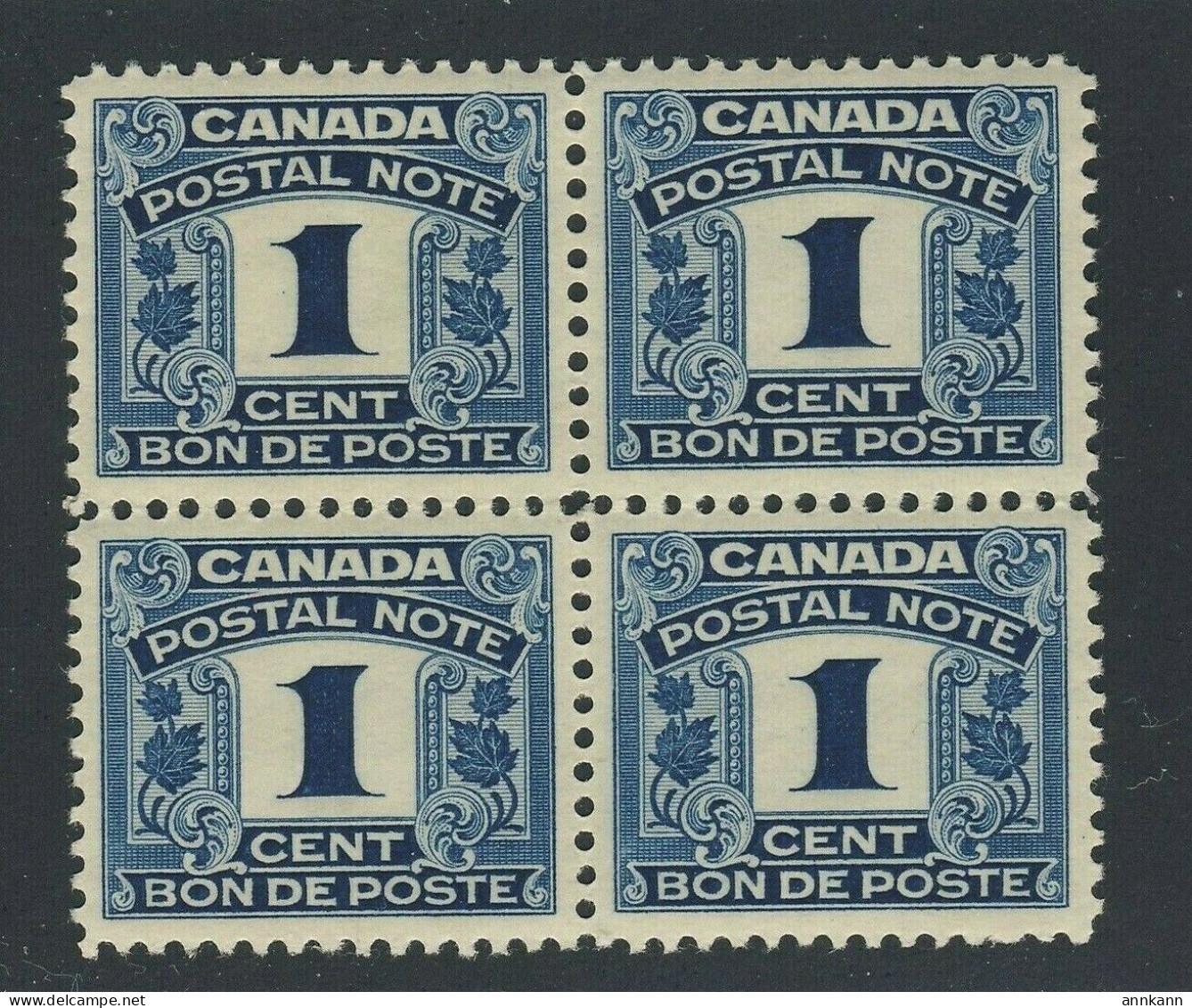 4x Canada Revenue Postal Note Stamps Blk Of 4 #FPS1-1c Blue 2xMNH 2xMH GV=$25.00 - Blocks & Sheetlets