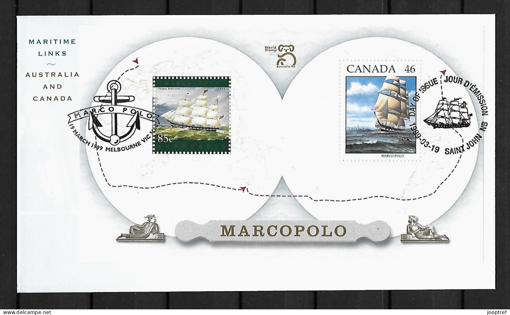 1999 Joint Australia And Canada, AUSTRALIAN MIXED FDC WITH BOTH CANCELS: Marco Polo - Emissions Communes